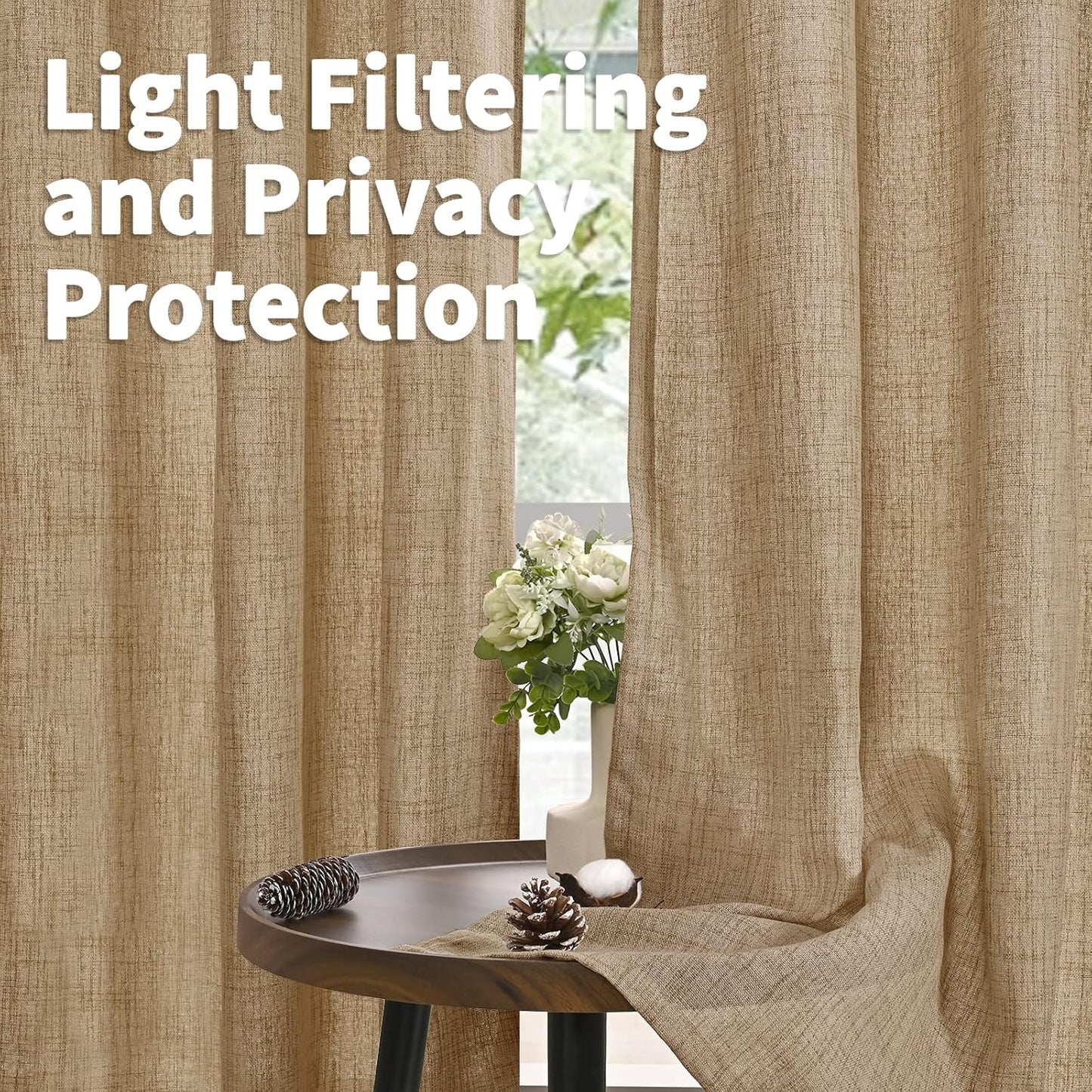 YoungsTex Burlap Linen Curtains 63 Inch Length for Living Room Window, Textured Semi Sheer Drapes Light Filtering with Rod Pocket Back Tab for Farmhouse Bedroom, Toffee, 52 X 63 Inch, 2 Panels