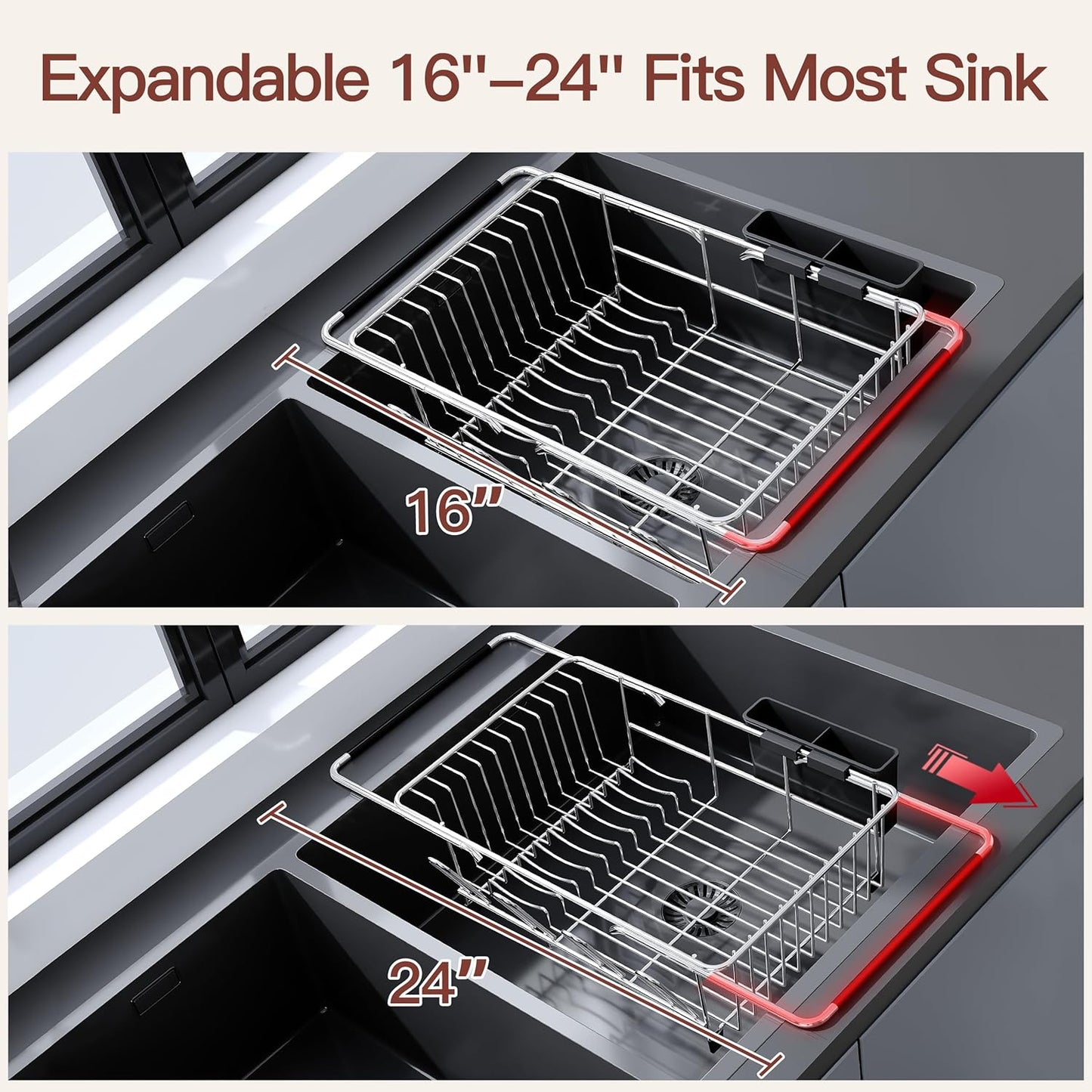 Over the Sink Expandable Dish Drainer Drying Rack In Stainless Steel for Small Kitchen, Counter Space Saving Modern Compact Metal Above Plate Dryer Strainer, Adjustable Hanging Inside Drain Holder
