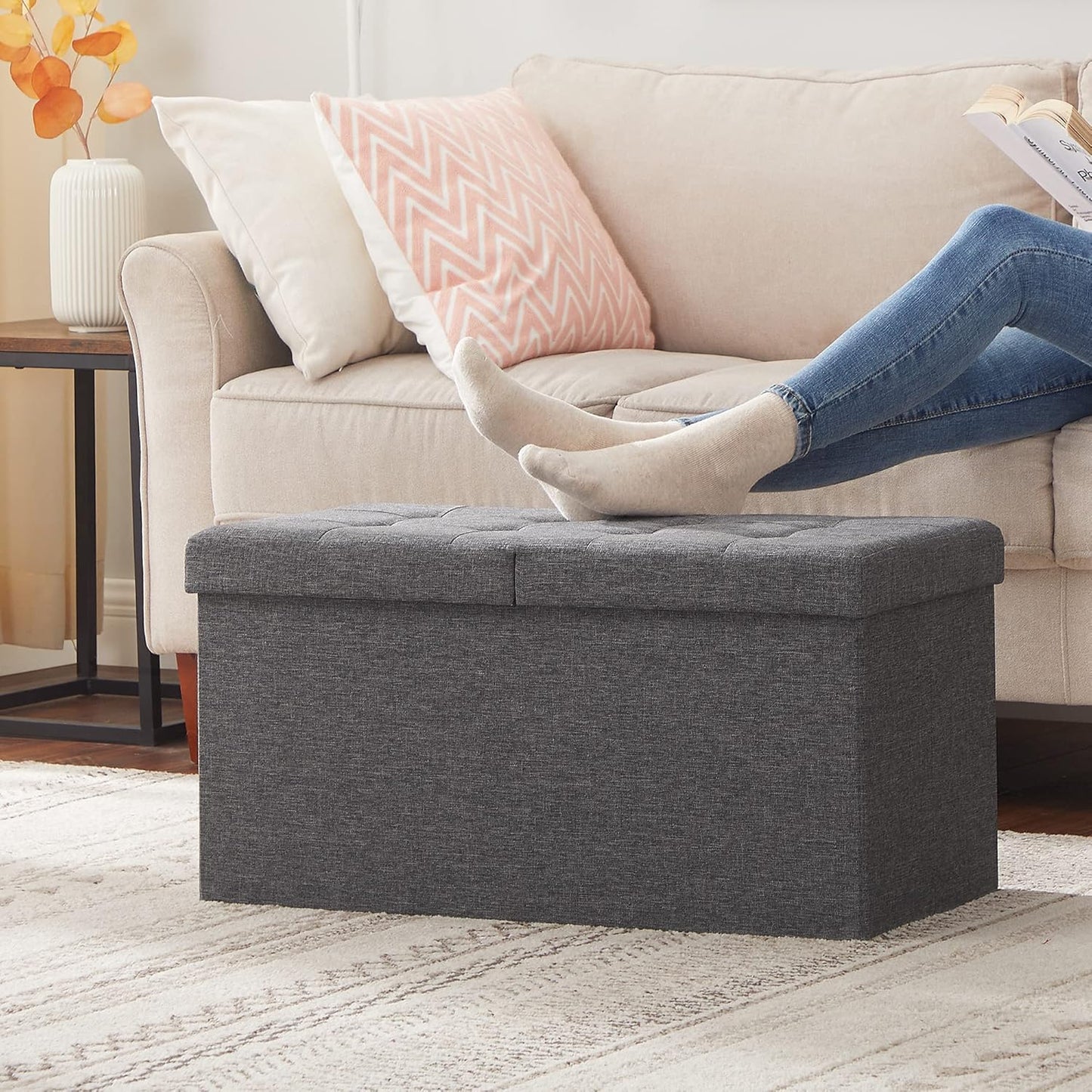 SONGMICS MAZIE Collection - 30 Inches Storage Ottoman, Foldable Storage Bench with Flipping Lid, 660 lb Load Capacity, for Entryway, Living Room, Bedroom, Dark Gray ULSF46GYZ