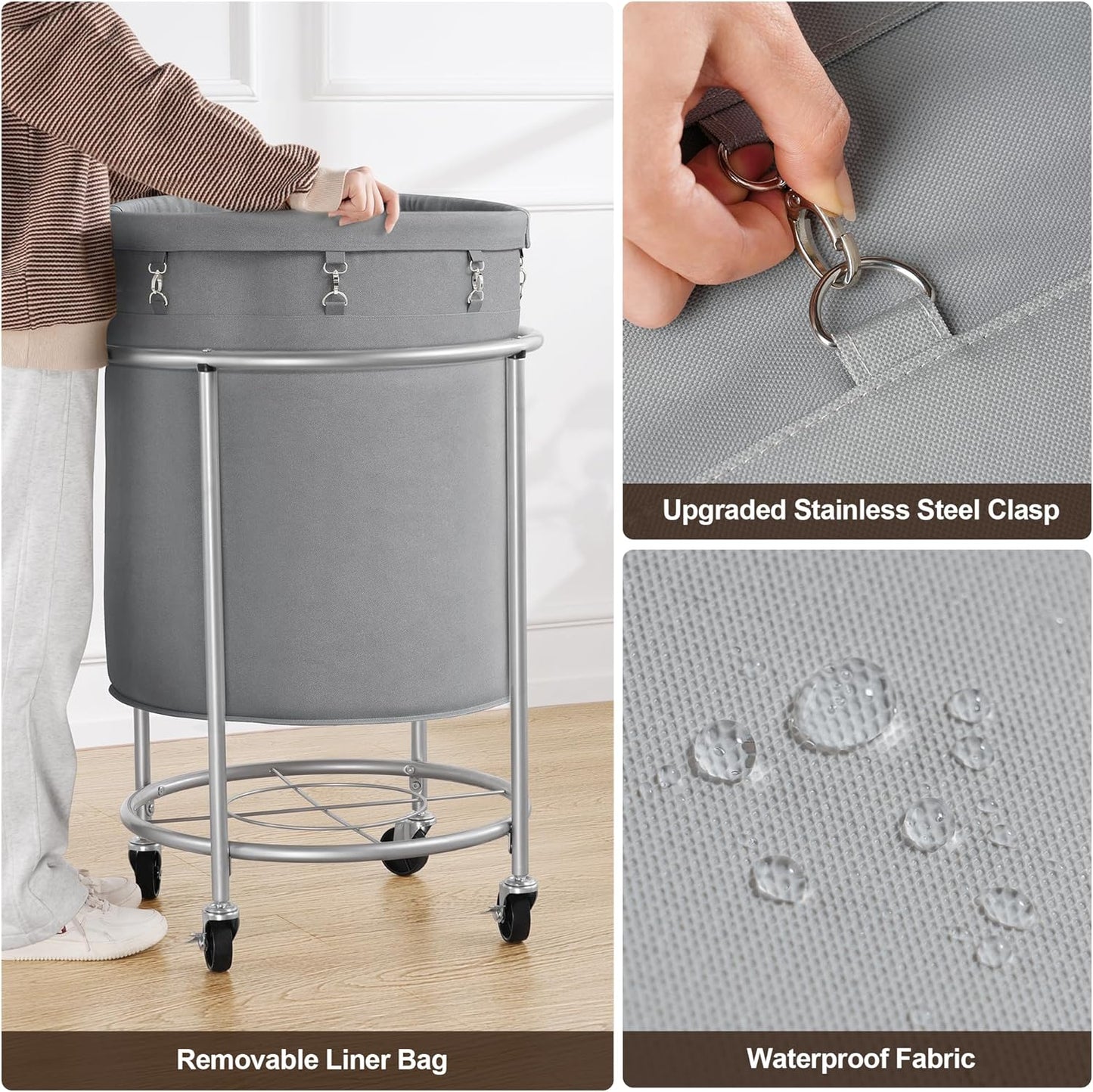 ELYKEN Laundry Basket with Wheels, 45 Gallons Rolling Laundry Hamper with Removable Bag and Steel Frame, Round Laundry Cart with 4 Casters, Ideal for Bedroom, Bathroom, Laundry Room, Gray