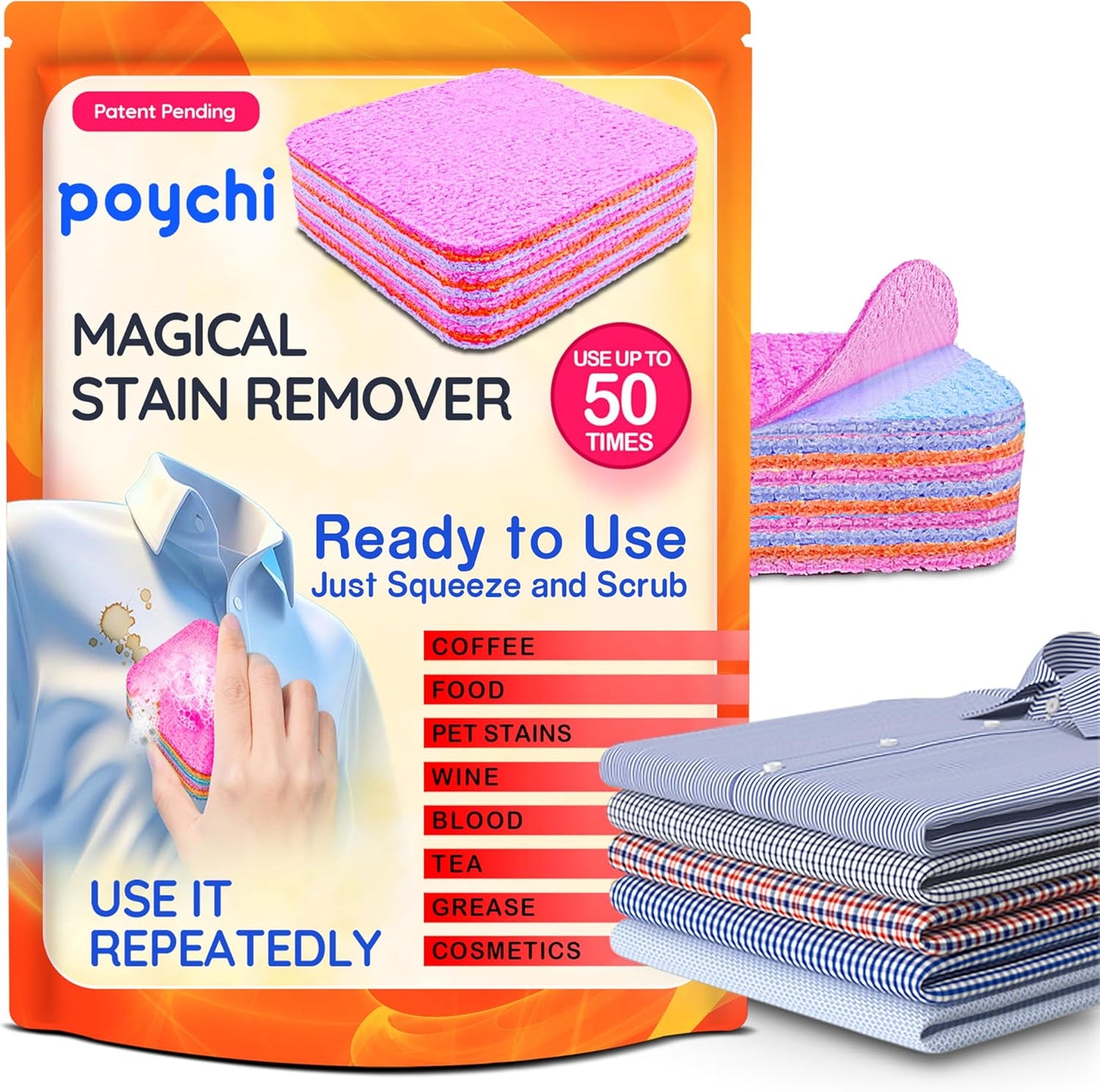 Magical Fiber Stain Remover- Use as Spot Remover- No Dry Cleaning Food, Grease, Coffee Off Laundry, Tea, Fabric, Pet Stains, Stain Remover Sponge Clothes, Carpet, Sofa, Mattress & Upholstery (2 Pack)