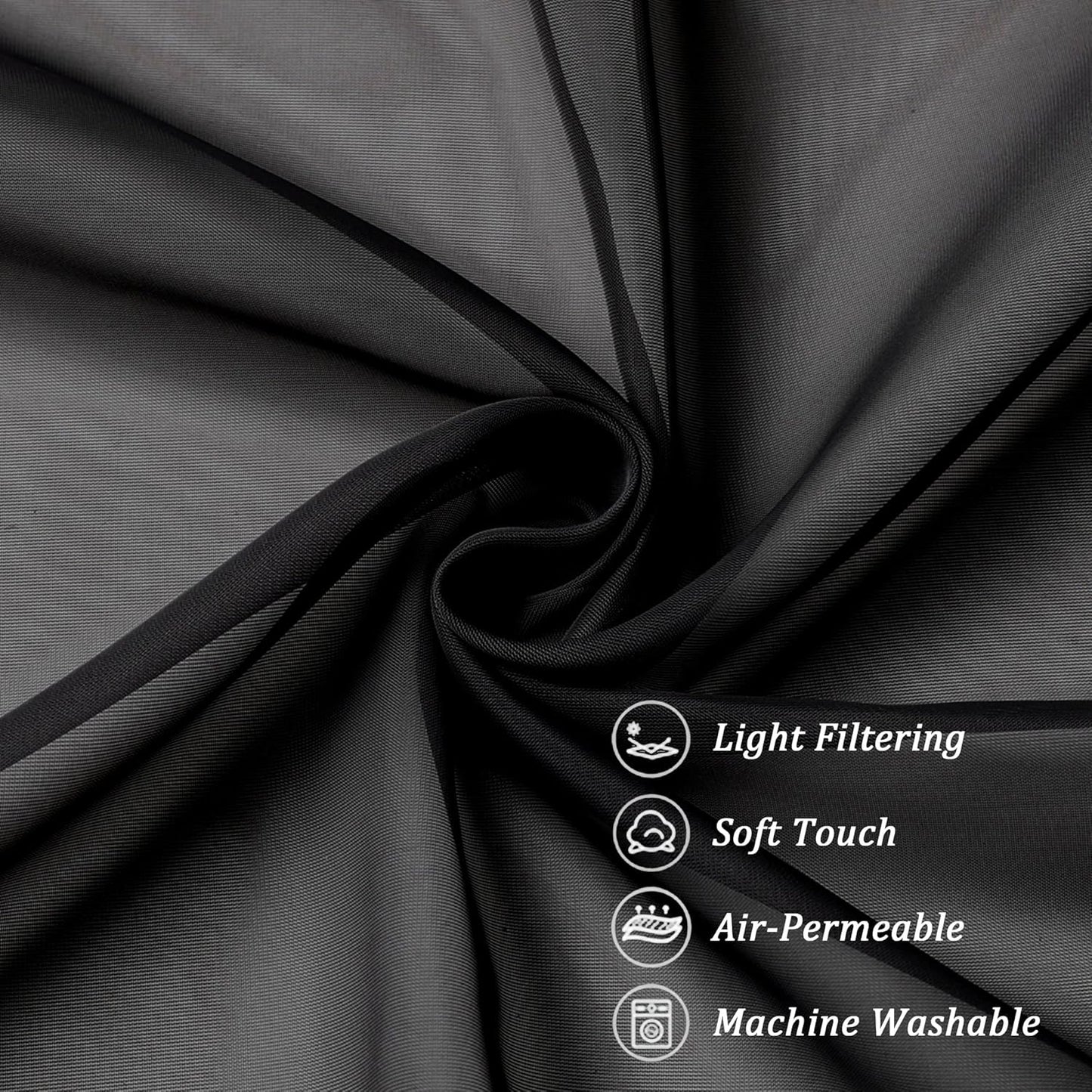 Chyhomenyc Black Sheer Curtain 72 Inches Length 2 Panels, Voile Top Dual Rod Pockets Light Filtering Airy Window Treatment Drapes for Living Room/Bedroom, Each 42Wx72L