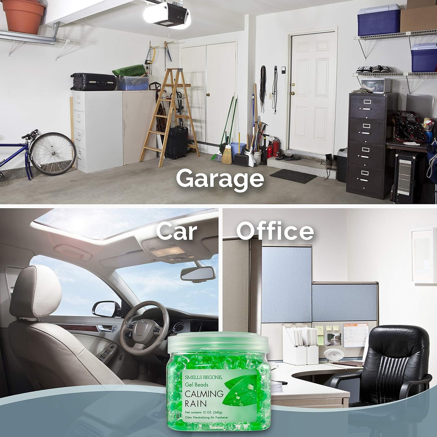 SMELLS BEGONE Odor Eliminator Gel Beads - 12 oz, Pack of 6 - Eliminates Odor in Bathrooms, Cars, Boats, RVs & Pet Areas - Air Freshener - Made with Essential Oils - Calming Rain Scent