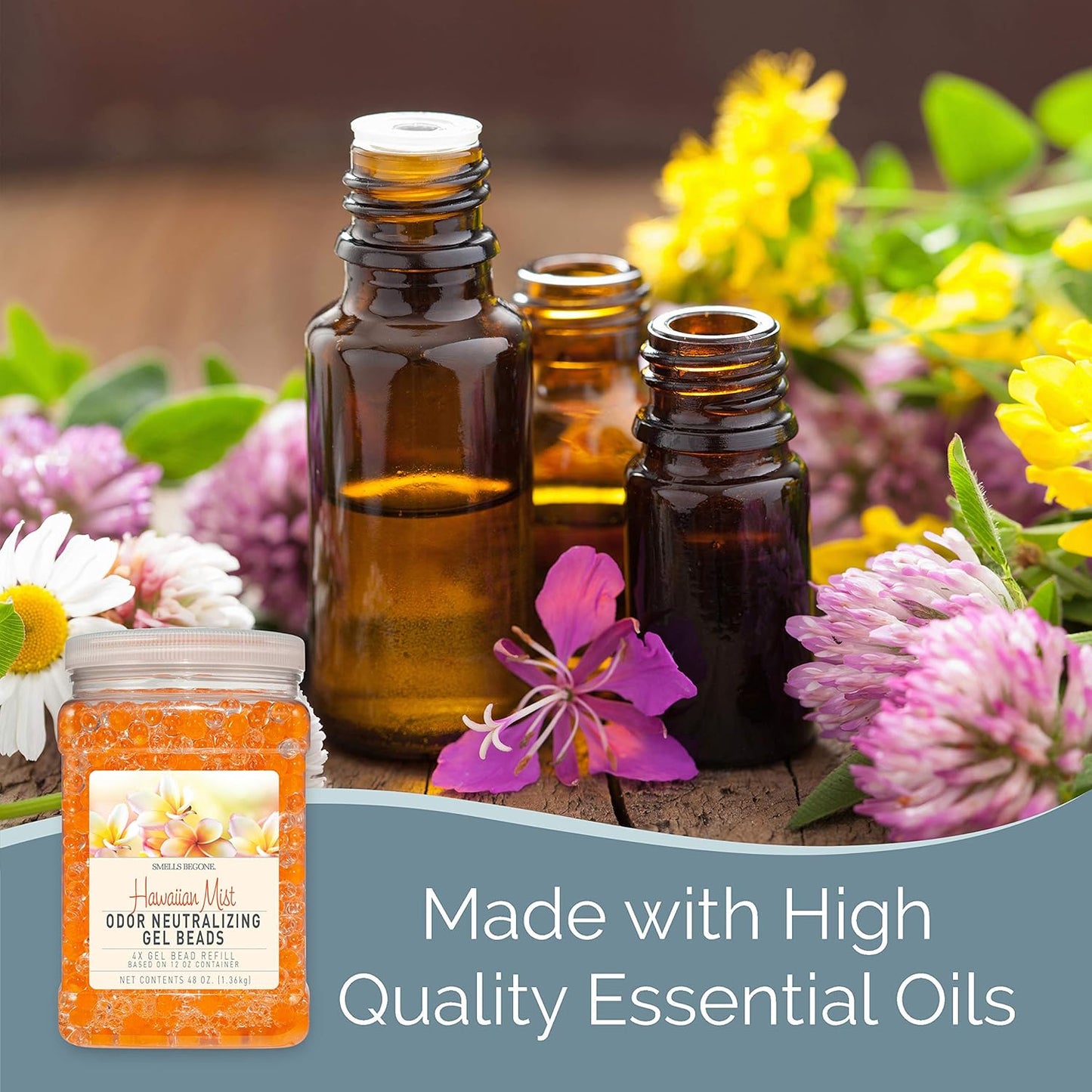 SMELLS BEGONE 48 oz Odor Eliminator Gel Bead Refill - Eliminates Odors from Bathrooms, Cars, Boats, RVs & Pet Areas - Air Freshener - Made with Essential Oils - Hawaiian Mist Scent