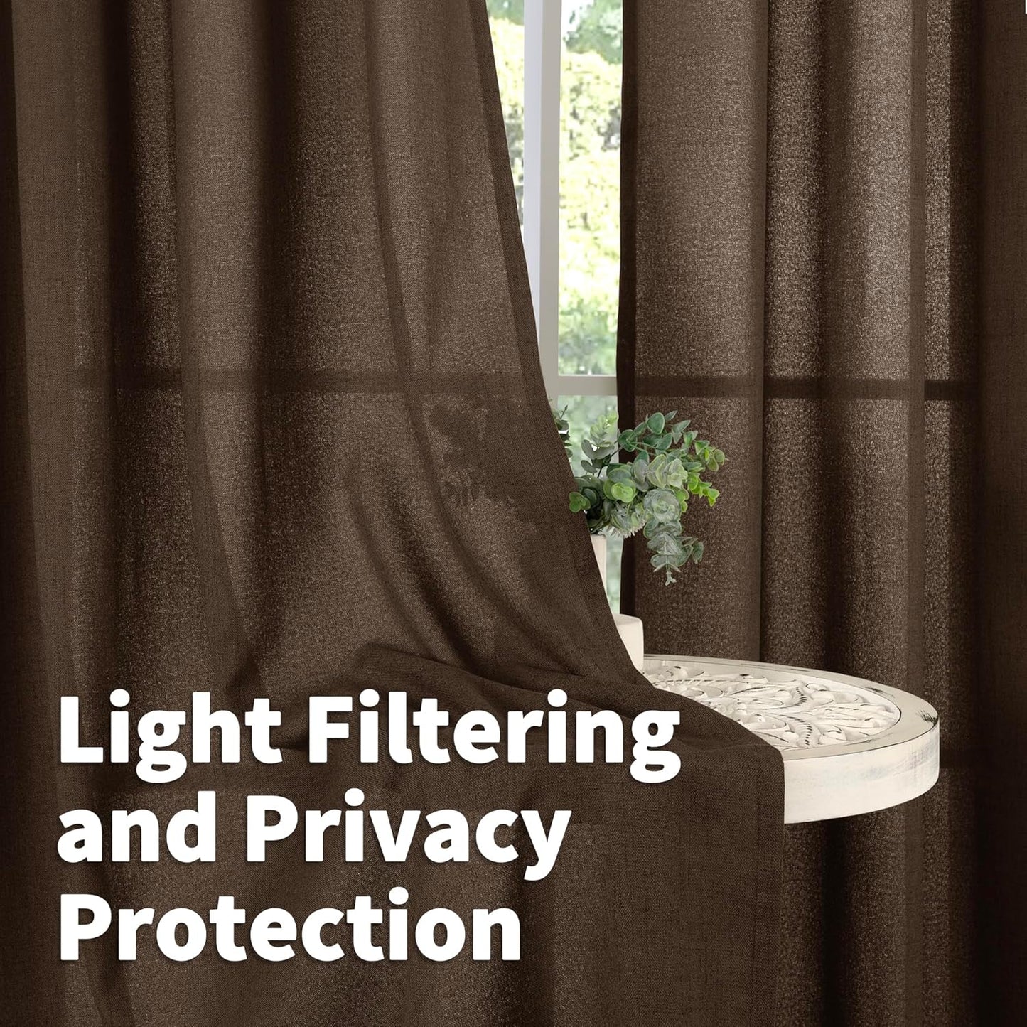 YoungsTex Brown Linen Curtains for Living Room 72 Inches Long, Semi Sheer Window Drapes with Back Tab Rod Pocket Light Filtering Lightweight for Bedroom Office Farmhouse, 2 Panel, 42 X 72 Inch