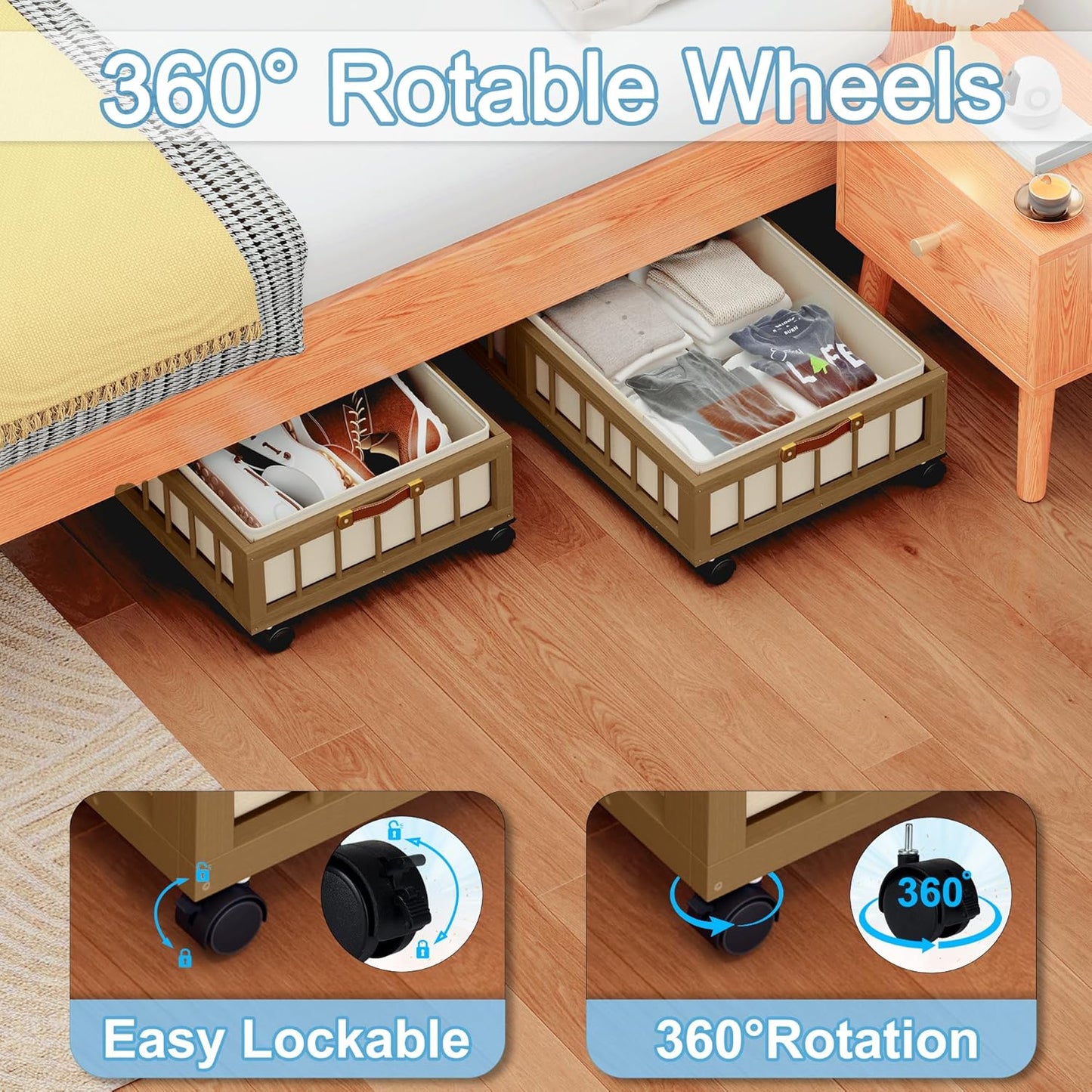 efluky 2-Pack Bamboo Under Bed Storage with Wheels, Rolling UnderBed Storage Basket with Large Dust Bag, Under Bed Storage Containers for Bedroom, Dorm and Basement, Brown