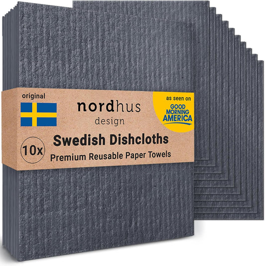 Nordhus Design Swedish Dishcloths, Black Charcoal/Dark Grey, 10-Pack, Reusable, Washable Cellulose Cotton Kitchen Cloths - Replace Paper Towels, Wipes, Sponges, Dish Rags