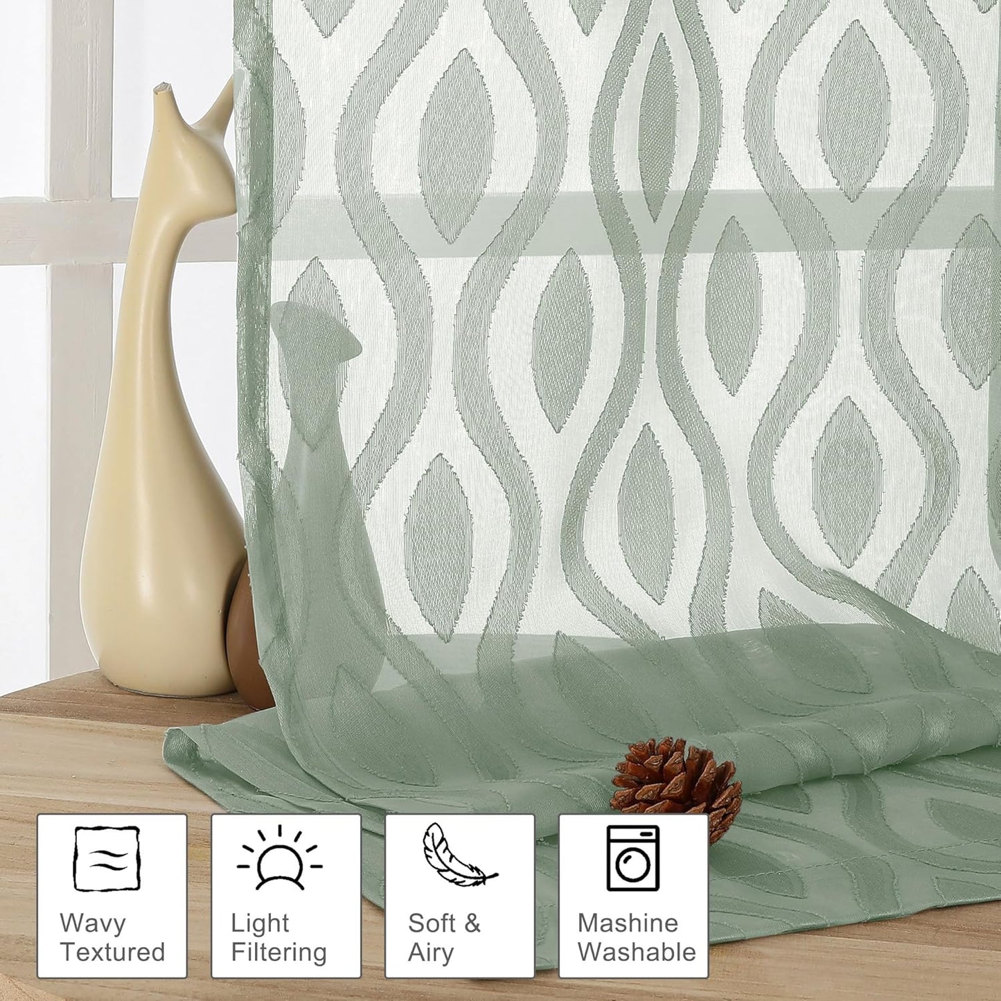 Aiyufeng Sheer Curtains 63 Inch Length 2 Panels Set, Solid Green Airy Light Filtering Voile Curtains Window Treatments for Bedroom Living Room, Modern Wavy Line Textured Curtains, 40" WX63 L Inches