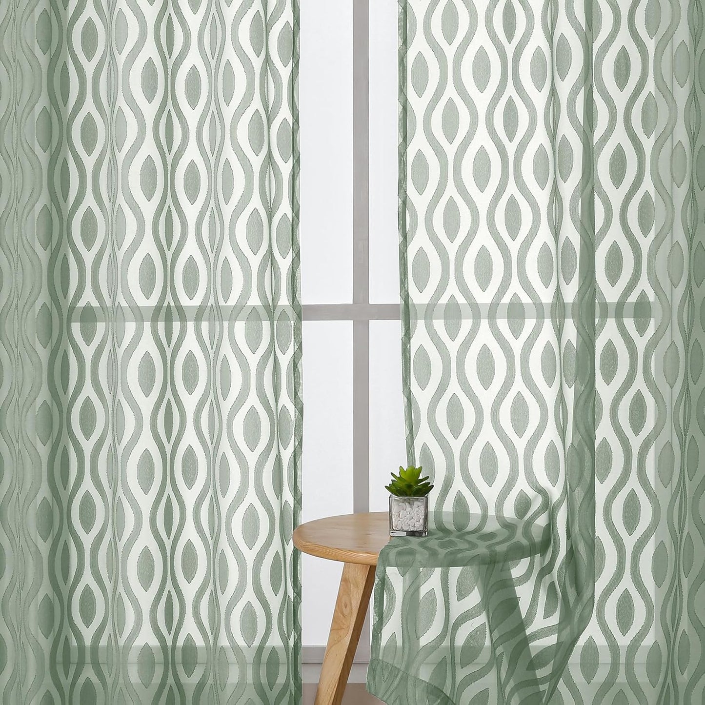 Aiyufeng Sage Green Curtains 45 Inch Length 2 Panels Set, Farmhouse Clip Jacquard Textured Short Sheer Curtains, Lightweight Chic Wavy Line Window Curtain Panels for Bedroom, 40" Wx45 L Inches