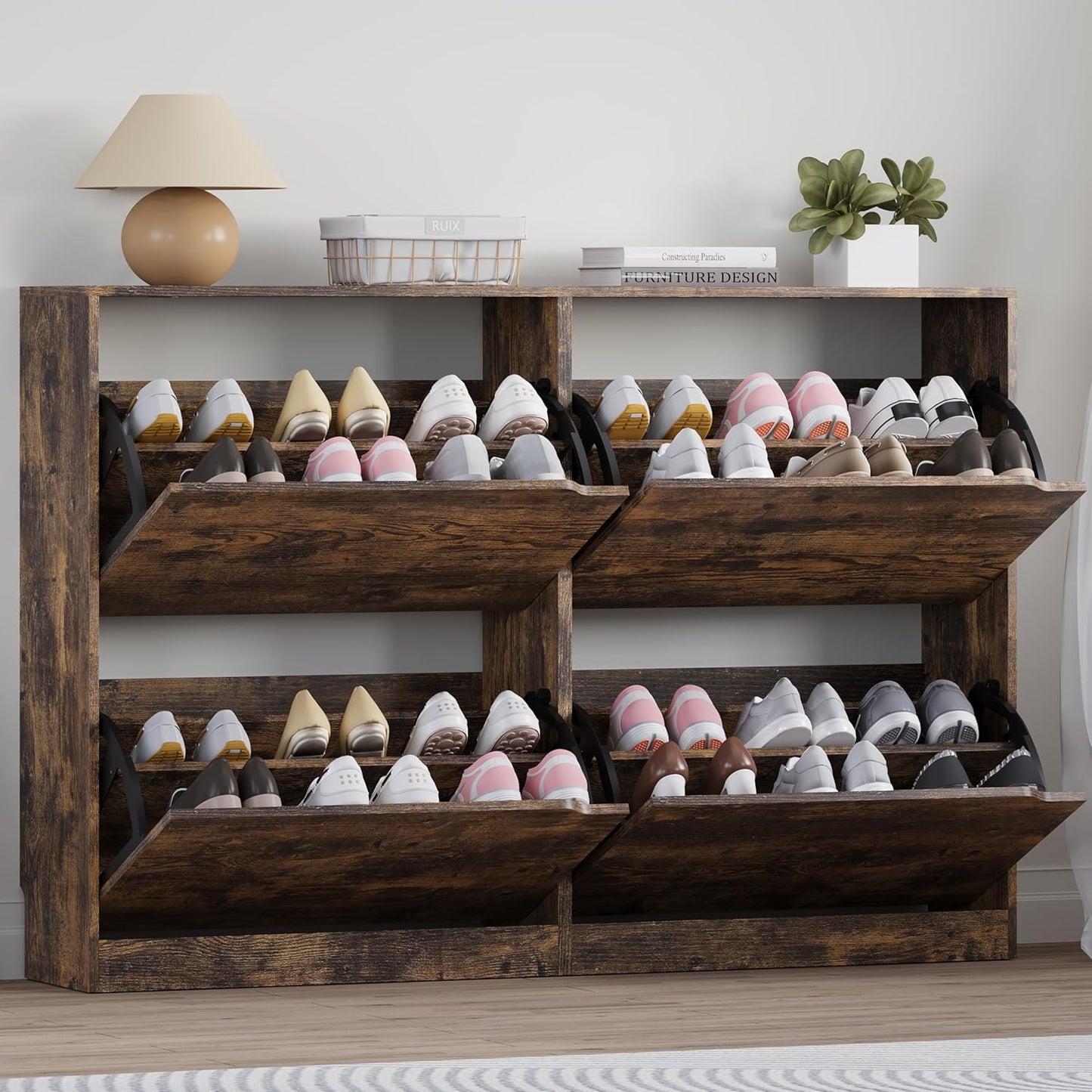 Shoe Cabinet with 4 Flip Drawers, Narrow Hidden Shoe Storage Cabinet, Slim Freestanding Shoe Rack Organizer for Entryway, Hallway, Bedroom, Living Room