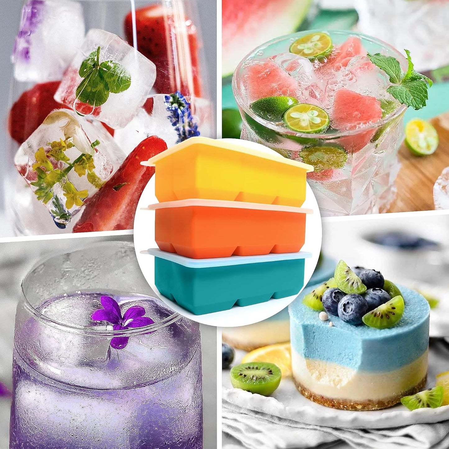 Silicone Ice Cube Trays 3 Pack - Large Size Silicone Ice Cube Molds with Leak Proof Removable Lid Square Ice Cube Tray And BPA Free for Cocktail,Whiskey, Stackable Flexible Ice