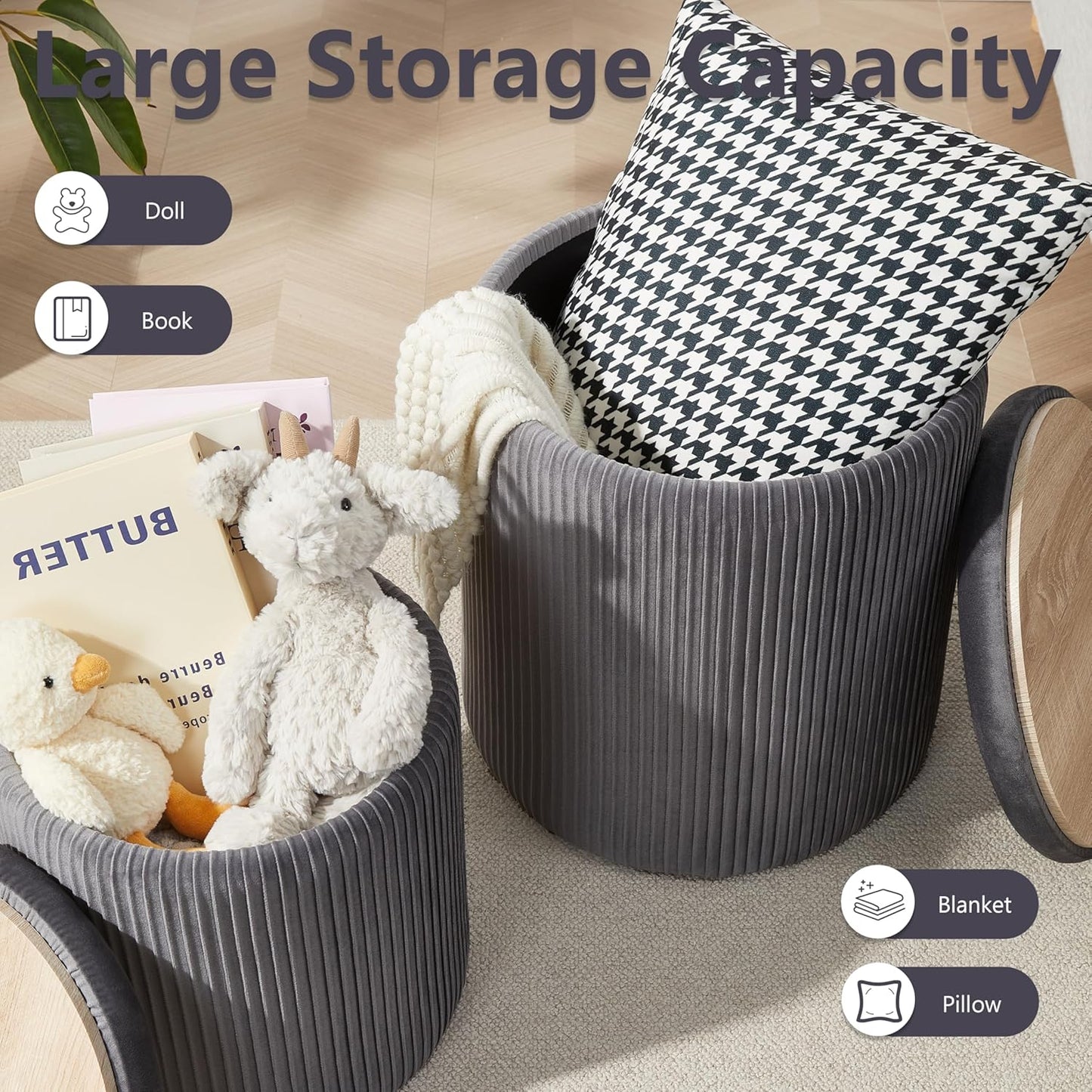 Royal Windsor Round Ottoman with Storage Set of 2,Vanity Stool with Storage for Bedroom, Ottoman Coffee Table,Small Velvet Foot Stool for Living Room,Grey