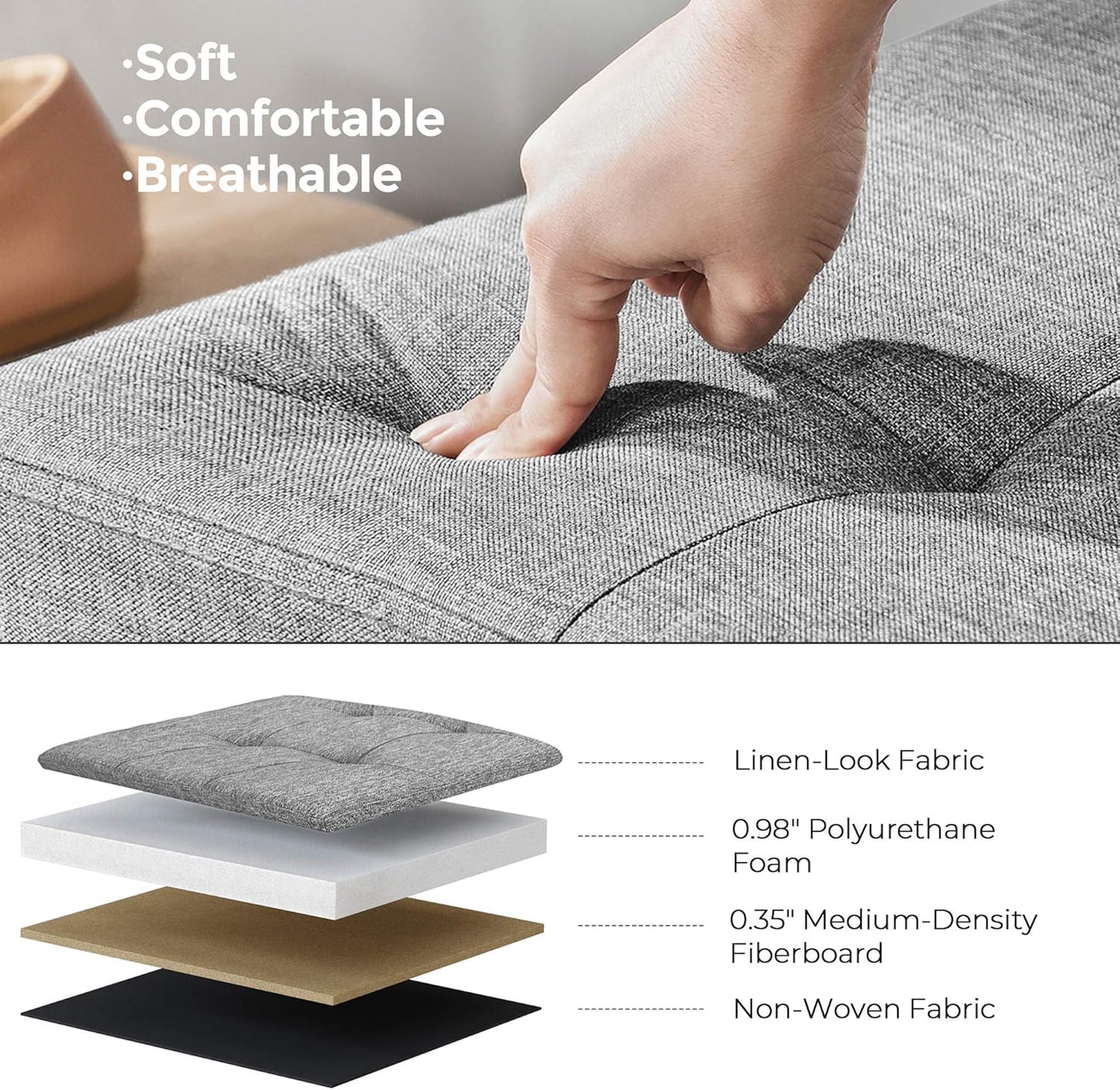 SONGMICS MAZIE Collection - 43 Inches Storage Ottoman, Foldable Storage Bench with Flipping Lid, 660 lb Load Capacity, for Entryway, Living Room, Bedroom, Light Gray ULSF71G