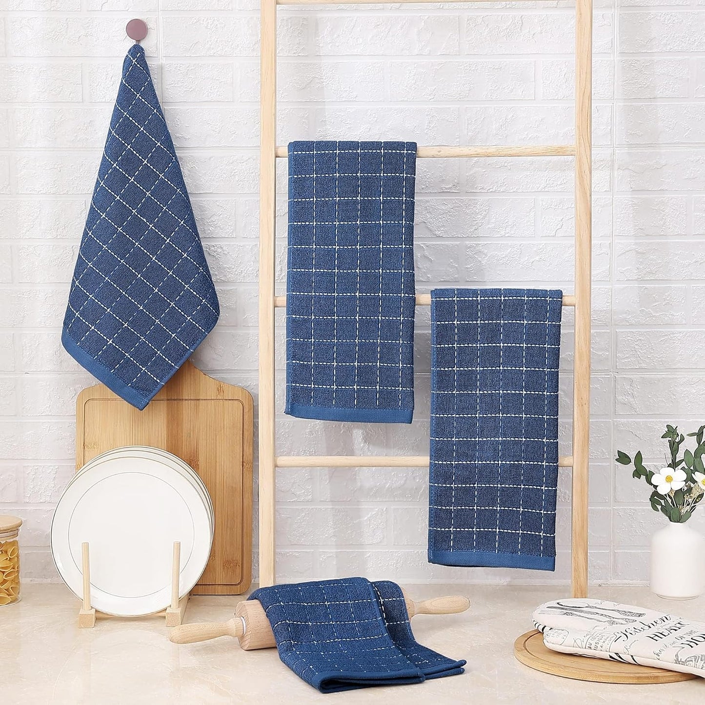 Homaxy 100% Cotton Terry Kitchen Towels(Navy Blue, 13 x 28 inches), Checkered Designed, Soft and Super Absorbent Dish Towels, 8 Pack