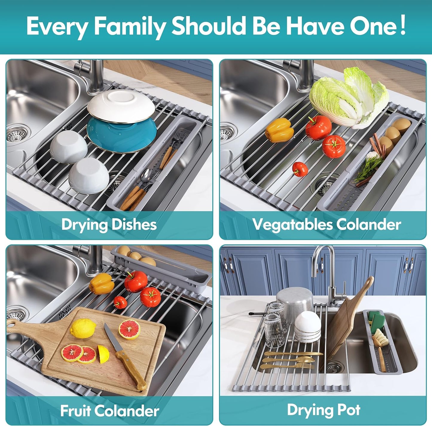 JASIWAY Roll Up Dish Drying Rack, Expandable (12.8"-23.8" D x 12.8" W) Stainless Steel Portable Drainer for Kitchen Sink Counter, Foldable Over The Sink Cover with Removable Utensil Holder