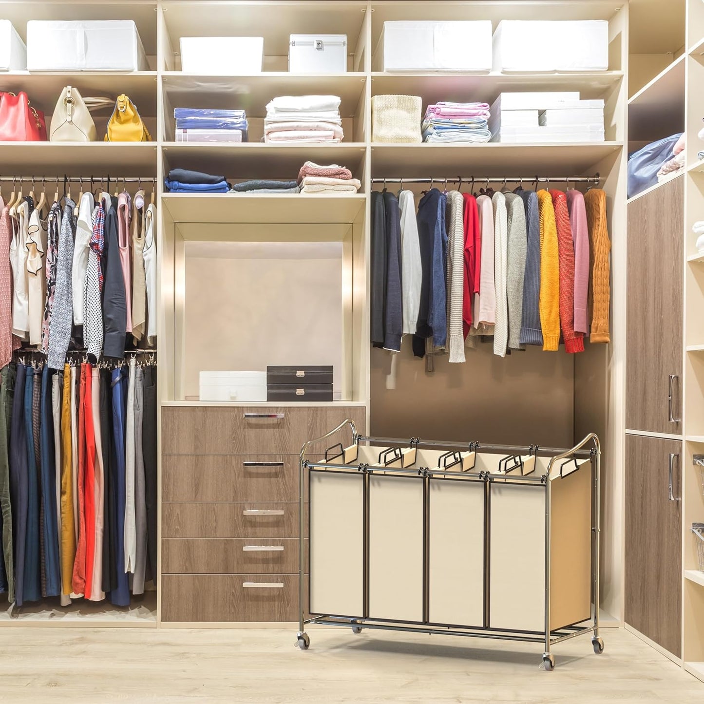 Simple Houseware 4-Bag Heavy Duty Rolling Laundry Sorter Cart, Chrome