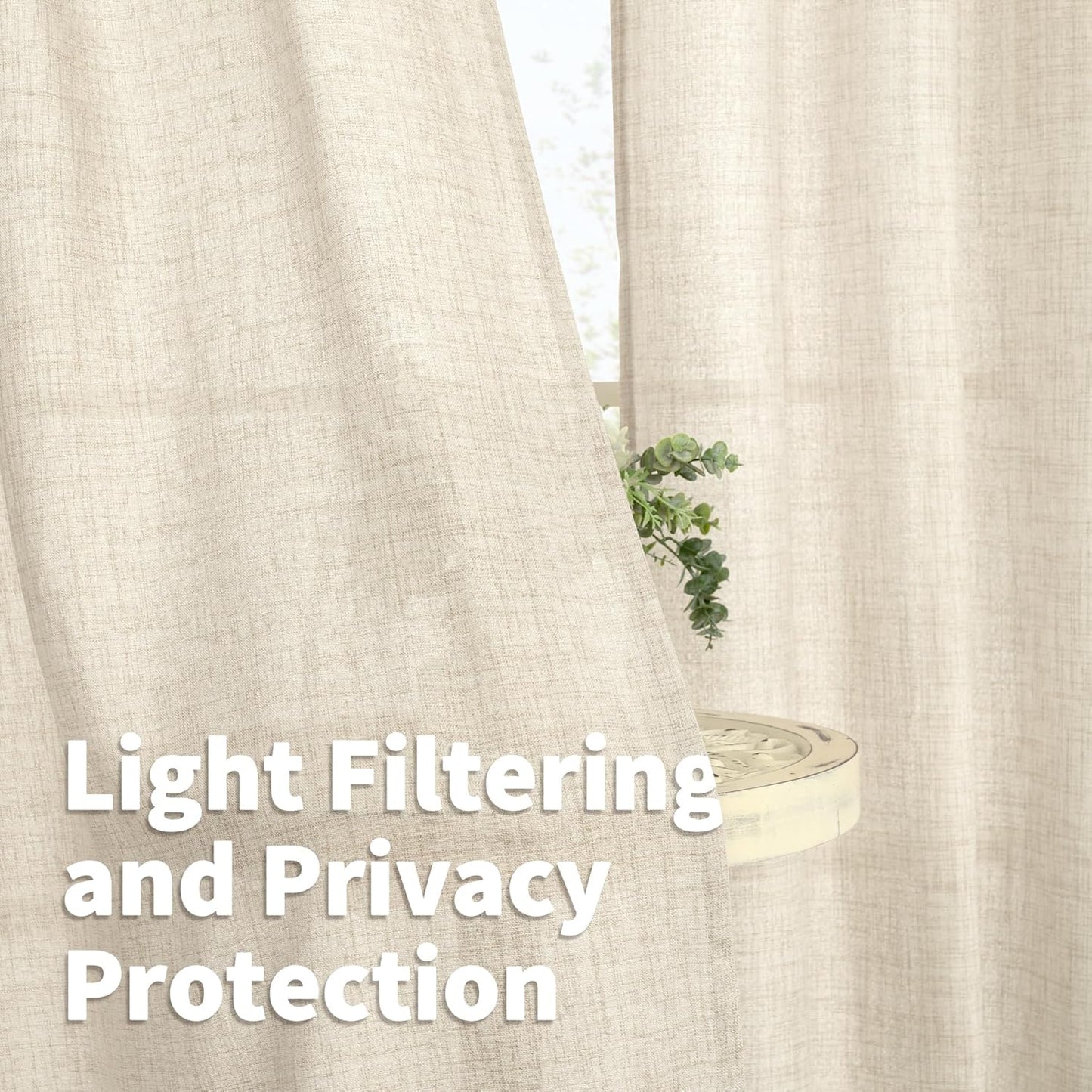 YoungsTex Linen Curtains 95 Inch Length for Living Room 2 Panels, Cream Semi Sheer Window Treatments with Rod Pocket Back Tab Light Filtering for Bedroom Dining Room Office, 52 X 95 Inch