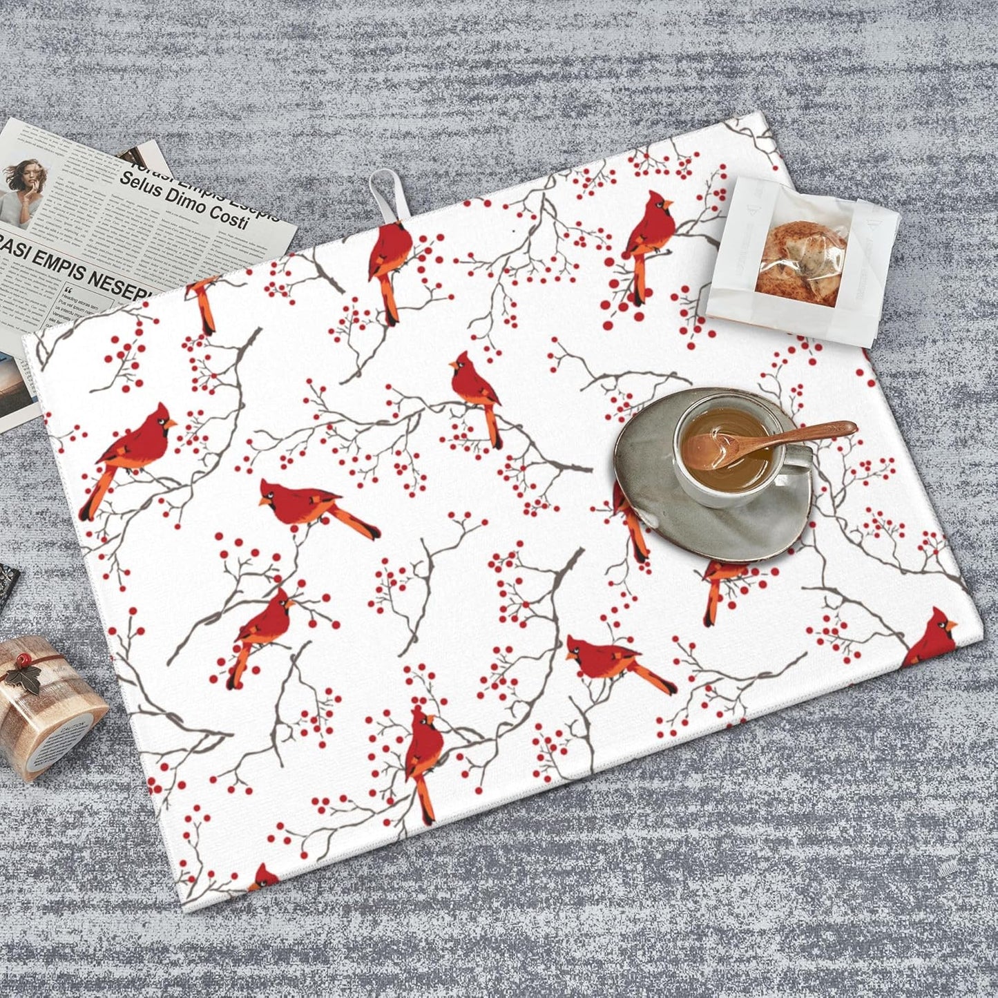 Cardinal Bird Red Berry Decor Microfiber Dish Drying Mat for Kitchen Counter Cute Dishes Pad Dish Drainer Rack Mats 18"x24" Absorbent Washable Reusable Home Holiday Decor
