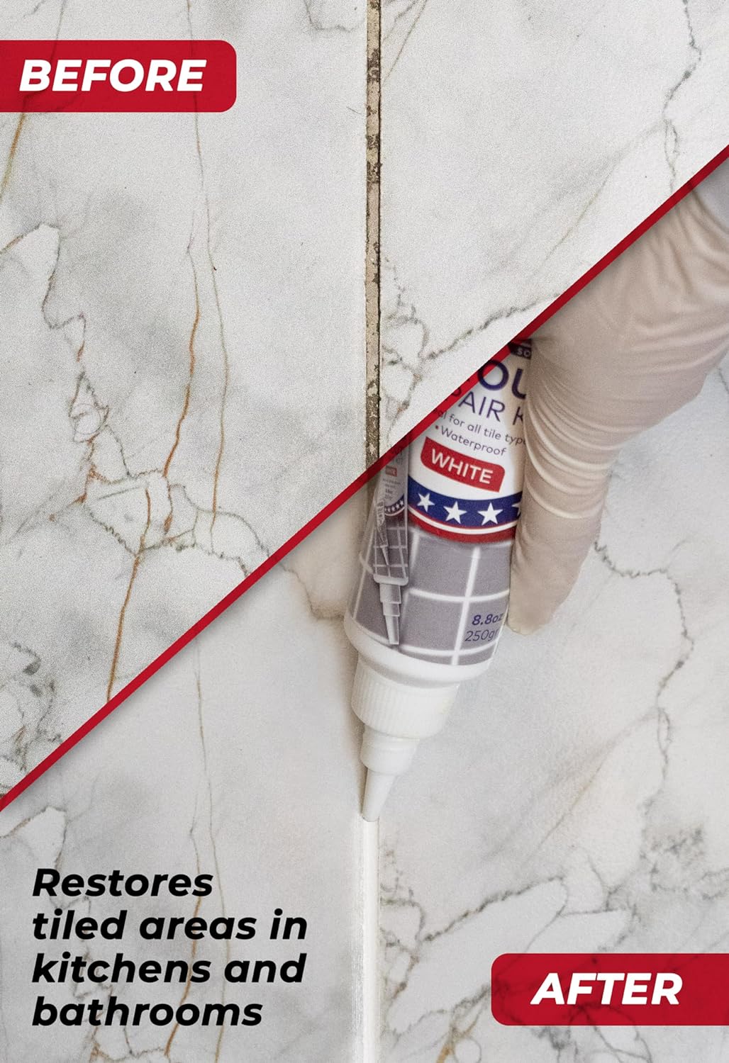 Tile Grout Repair, White 8.8 oz/250gr. Fast Drying Grout Repair Kit, Grout Filler Tube Repair Kit, Tile Grout Paint, Grout Sealer Restore and Renew Bathroom Floor, Tile Gaps, Joints, Lines