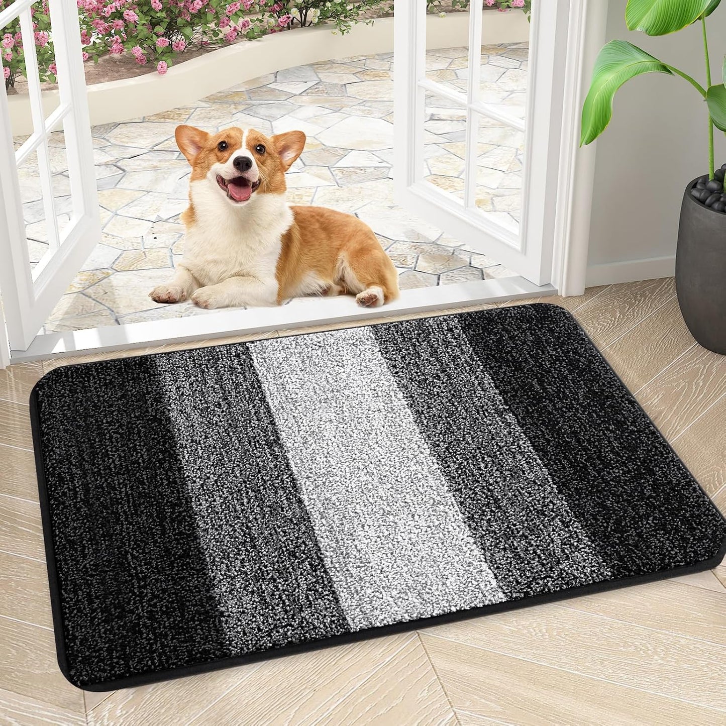 Kitinjoy Indoor Outdoor Door Mat, 24x16 Non-Slip Absorbent Dirt Trapper, Low-Profile Washable Inside Entrance Front Floor Mat, Sturdy Soft Entry Doormats for Entryway, Black