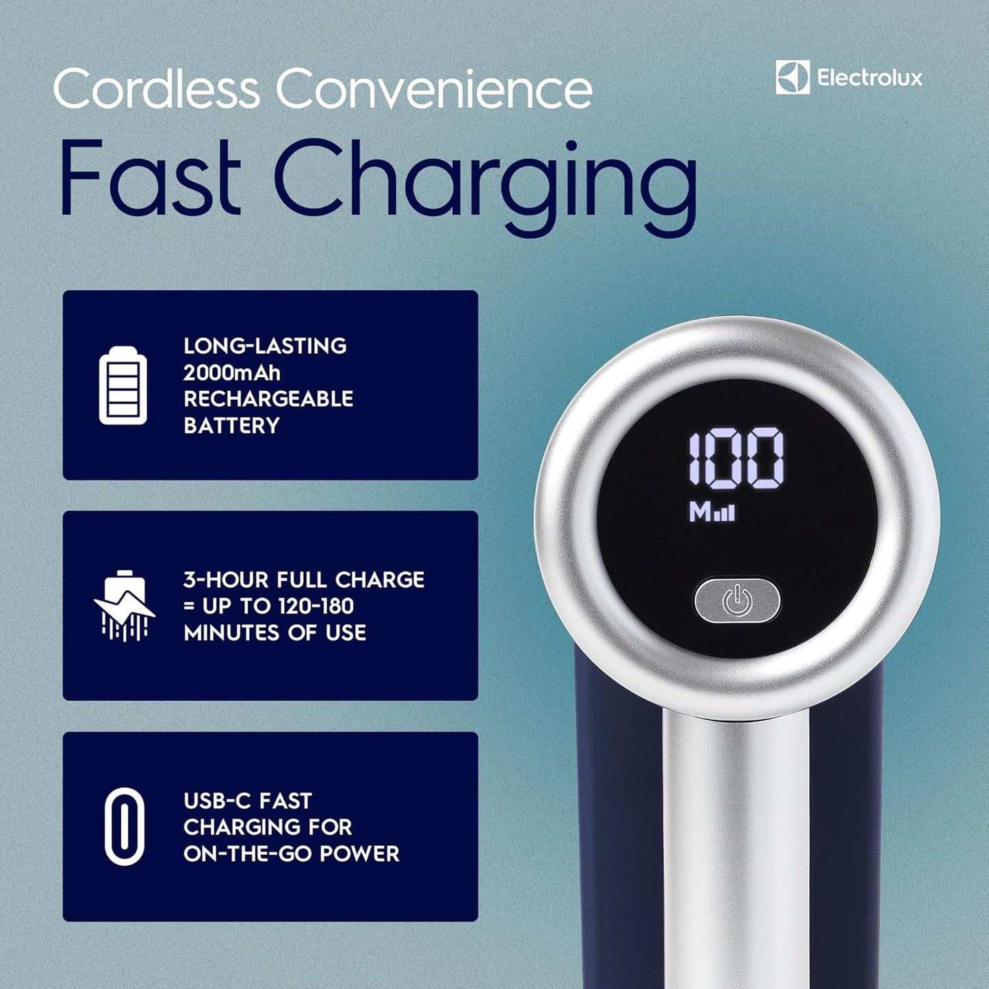 Electrolux Rechargeable Fabric Shaver | 3-Speed Lint Remover for Clothes & Furniture | Eliminates Fuzz & Pilling | Electric Lint Shaver with LED Display & Type-C Fast Charging Port - Blue