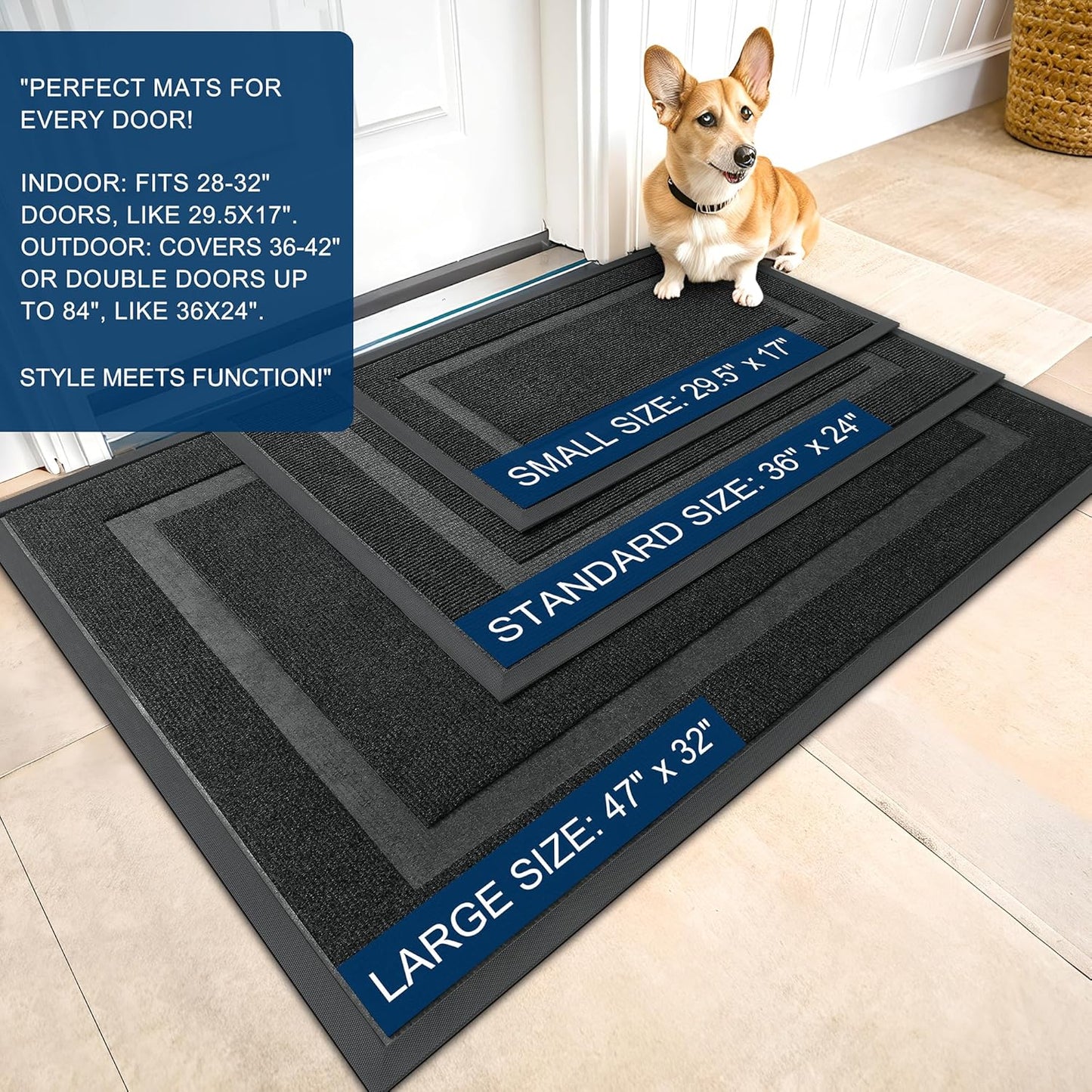 OLANLY Front Door Mat Indoor Outdoor Entrance, Waterproof All-Season, All-Weather Doormat, Sturdy Natural Rubber, Fade Resistant, Low Profile, Easy Clean Patio Porch Entryway Mat, 59x20, Black