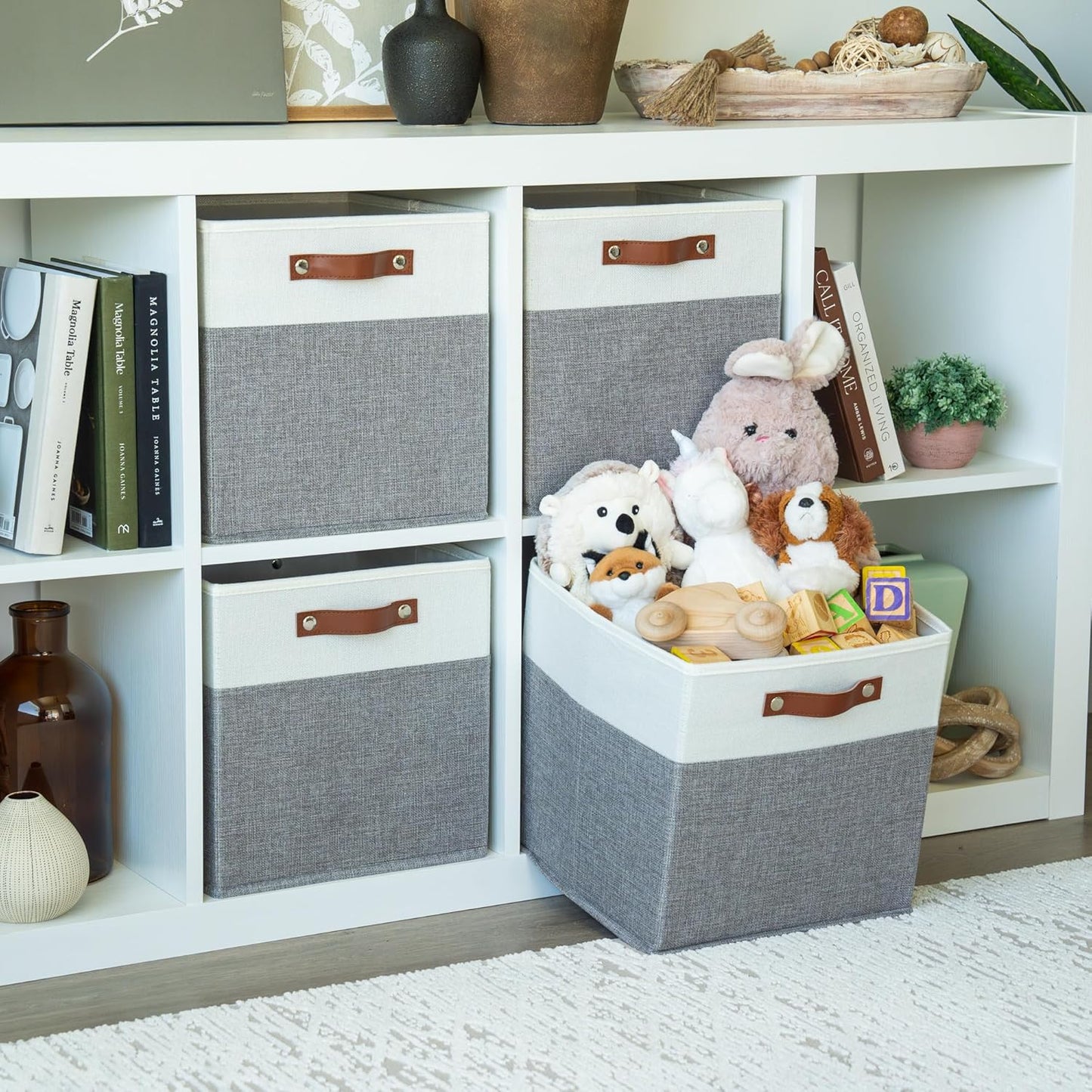 OrganiHaus 12x12 Fabric Storage Bins - Set of 4, Cube Fabric Organizer Bins with Vegan Handles, Kallax Storage Cubes, Cubbies Organizer Boxes, 12Inch Cubic Baskets for Shelves - Grey / White