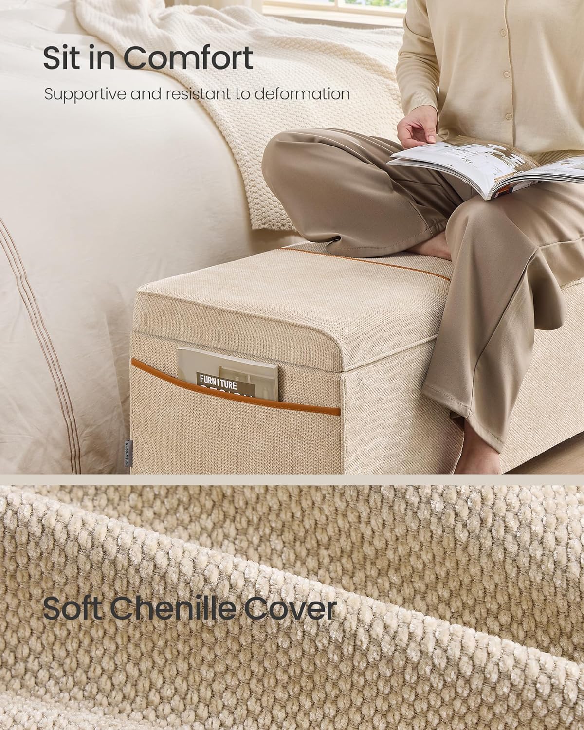 SONGMICS Storage Ottoman Bench, Storage Chest, 15.7 x 43.3 x 15.7 Inches, End of Bed Bench, 27 Gal. (103 L), for Bedroom, Entryway, Living Room, Cappuccino Beige ULSF533L01