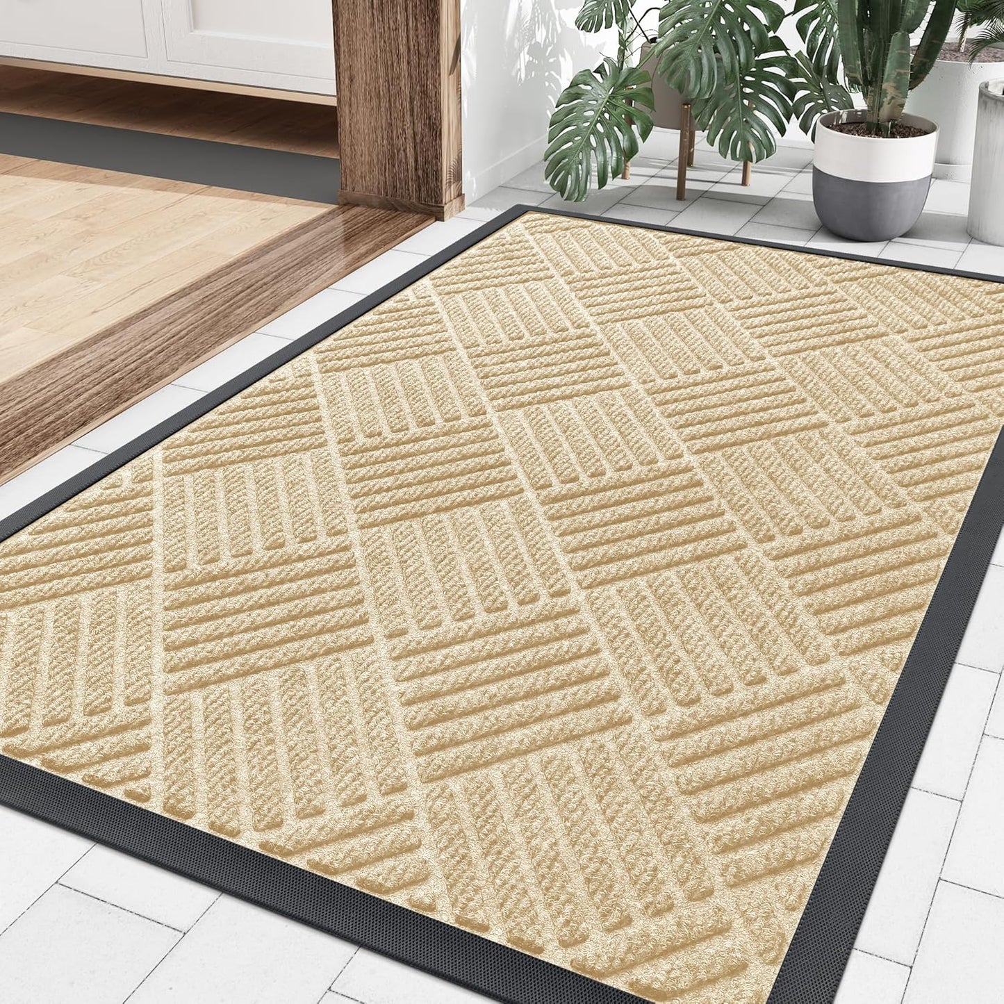 Smiry Front Door Mat Outside Entrance, Heavy Duty Outdoor Indoor Natural Rubber Doormat, Non Slip, Trap Dirt and Moisture, Easy Clean, Low Profile Patio Porch Entryway Mat, 35x23, Beige