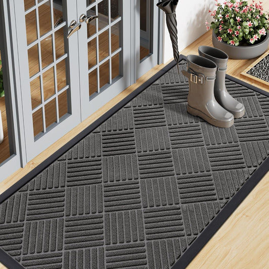 Smiry Front Door Mat Outside Entrance, Heavy Duty Outdoor Indoor Natural Rubber Doormat, Non Slip, Trap Dirt and Moisture, Easy Clean, Low Profile Patio Porch Entryway Mat, 59x23, Grey