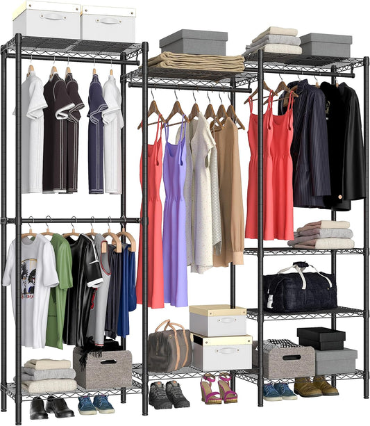 Heavy Duty Garment Rack,Freestanding Clothing Rack with 4 Hang Rods & 8 Shelves,Adjustable Closet Racks,68.5" L x 13.8" W x 75.2" H, Max Load 800LBS, Black
