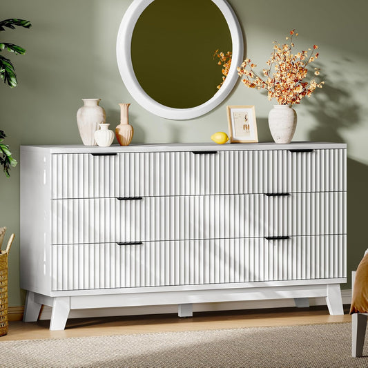 Fluted Dresser with 7 Drawers, 58" Wide Modern Chest of Drawers with Metal Handle, Wooden Dresser TV Stand, Wood Closet Clothes Storage Organizer for Bedroom, Living Room, Hallway, Solid White