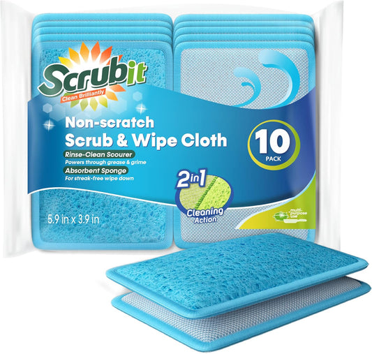 Scrub and Wipe Cleaning Sponges [10 Pack] – SCRUBIT Dual Sided Scouring Pad and Sponge - Reusable Kitchen Scrubbing Sponges for Dishes, Pots, Pans Utensils & Non-Stick Cookware (Blue)