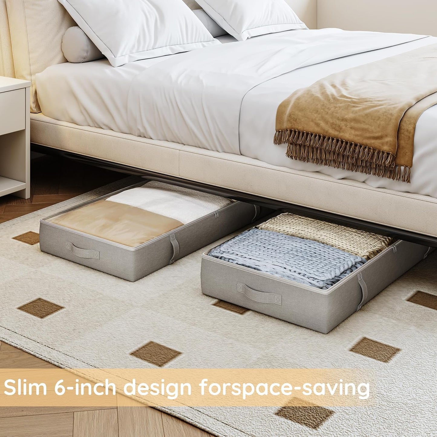 Vailando Under Bed Storage Containers, Underbed Storage Bins, 6 Inches Tall Clothes Storage Box with Sturdy Handles and Sidewalls, Foldable, Gray, 2-Pack