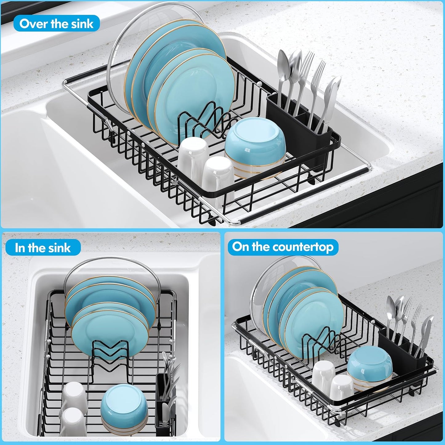JASIWAY in Sink Dish Drying Rack, Expandable Stainless Steel Dish Drainers for Kitchen Sink, Over Sink Dish Drying Rack with Utensil Holder, 13.1''~16.6''D x 11.8''W, Black