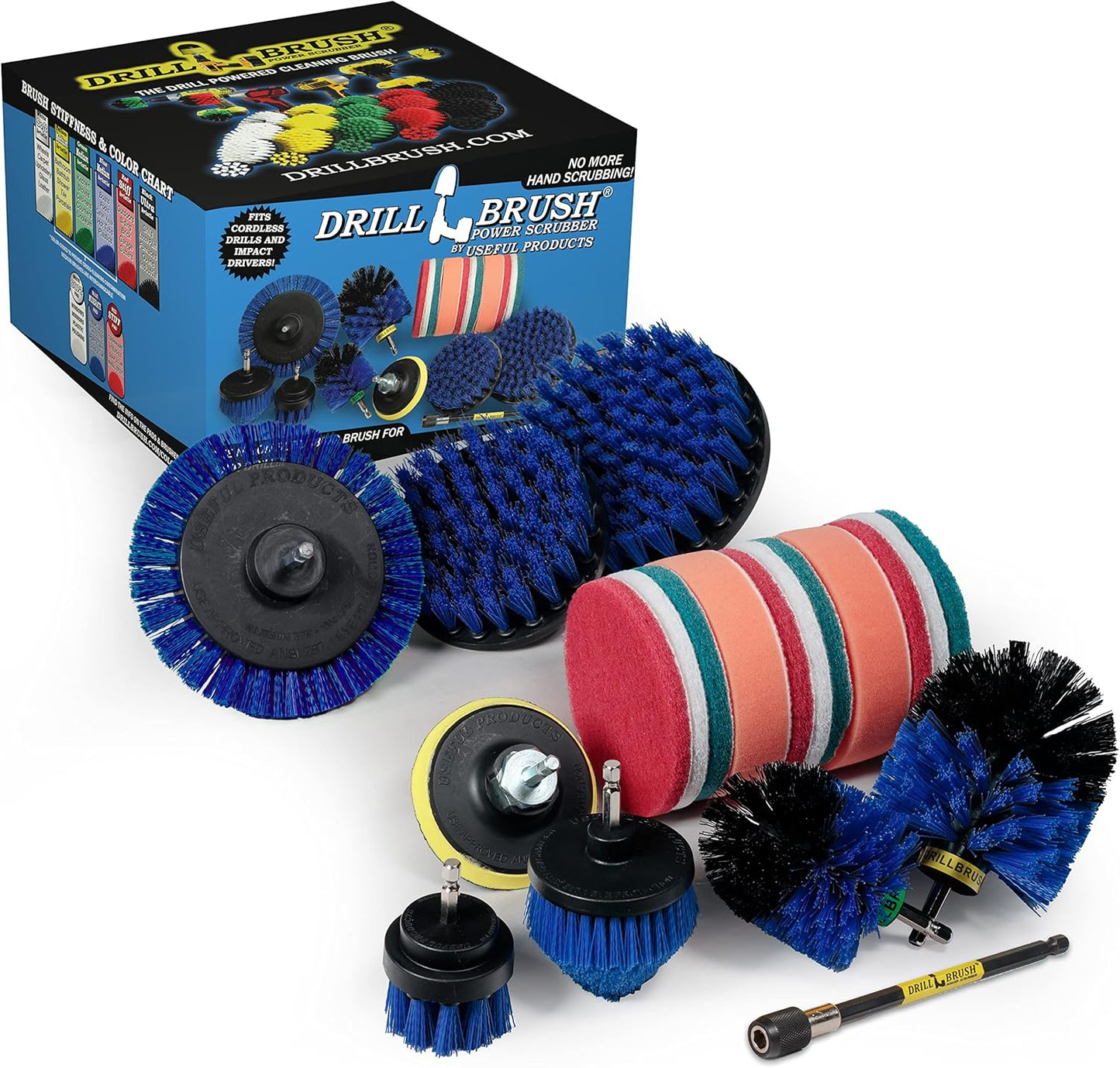 Drillbrush Stainless Steel Cleaning Brush Set, 21-Piece with Blue Medium Bristles, Edge & Cone Brush, Extension, Pads for Pool, Boat, Fish Tank, Aquarium