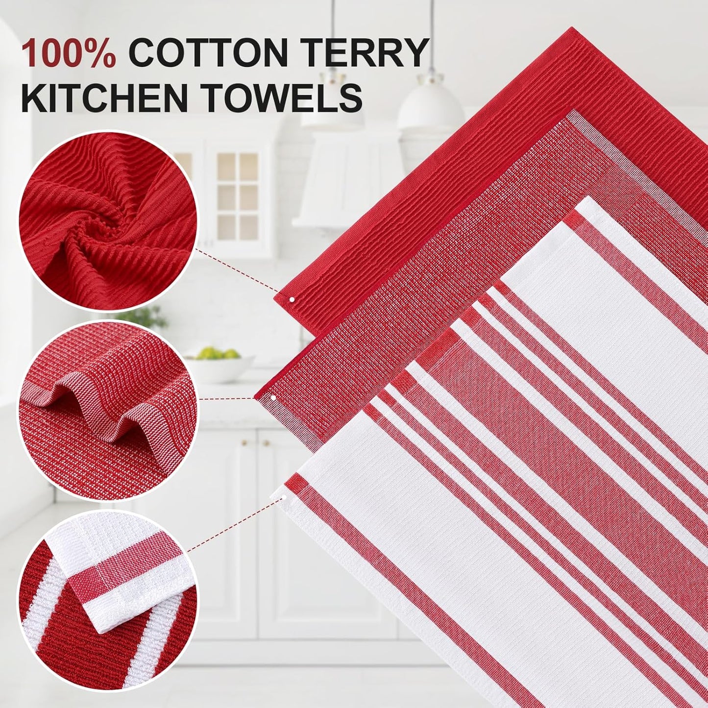 Homaxy Premium Kitchen Towels(18”x 28”, 9 Pack), Large Cotton 380 GSM Kitchen Hand Towels, Soft and Absorbent Terry Dish Towels, Multipurpose Tea Towel Set with Hanging Loop, Red