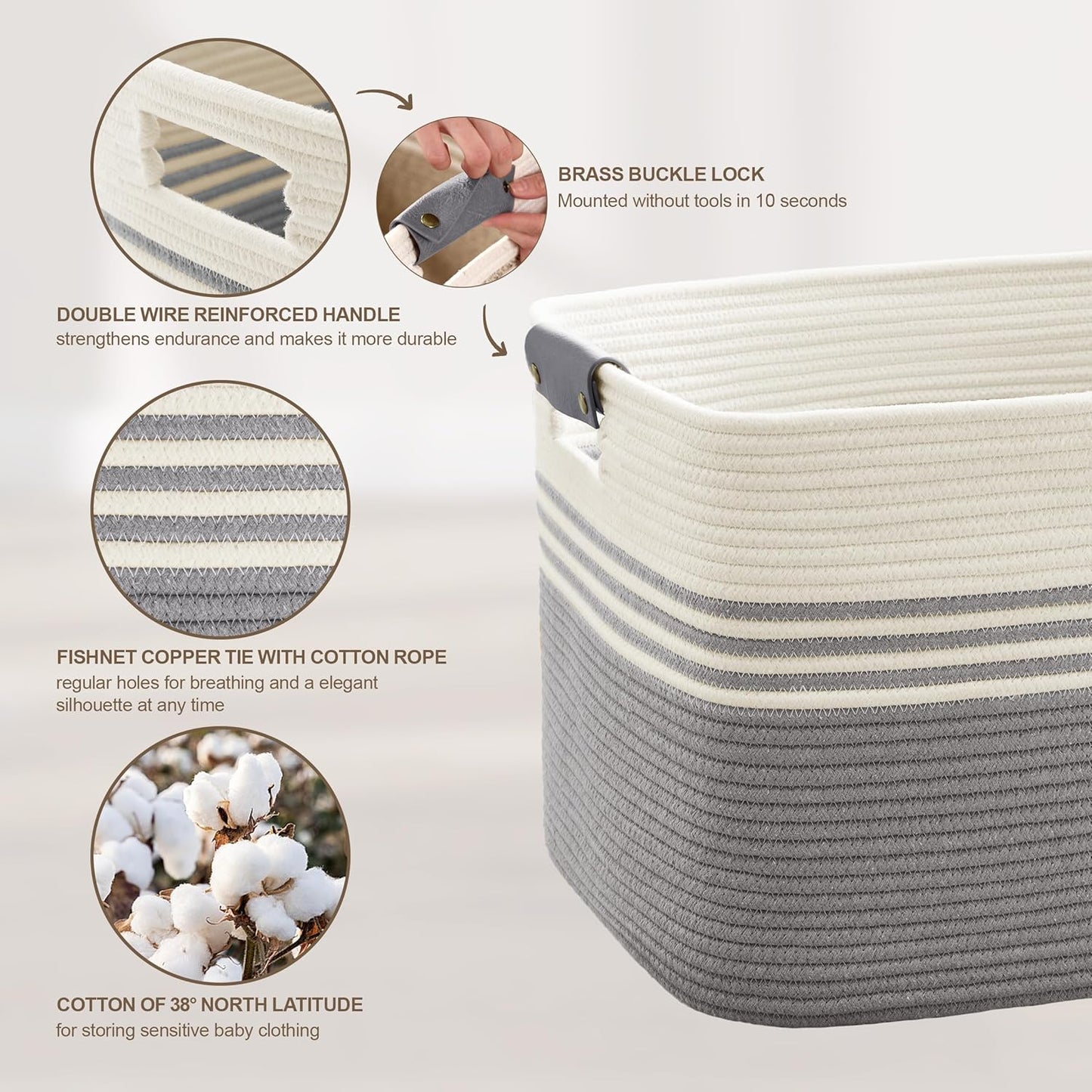 86L Extra Large Laundry Basket with Leather Handles for Living Room Storage, Woven Rope Baskets for Blanket, Kids Toy, Gifts, Wicker Hamper for Bedroom Dirty Clothes, 24"x16"x14" White Grey