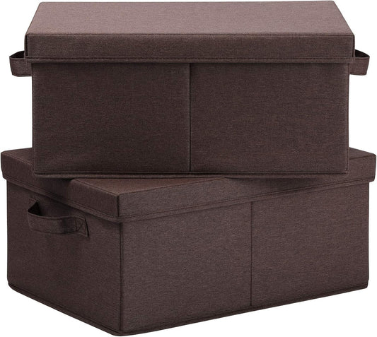 HOONEX Linen Foldable Storage Bins with Lids, 2 Pack, Storage Boxes with Carrying Handles and Sturdy Heavy Cardboard, 16.5" L x 11.8" W x 7.5" H for Shoes, Clothes, Brown