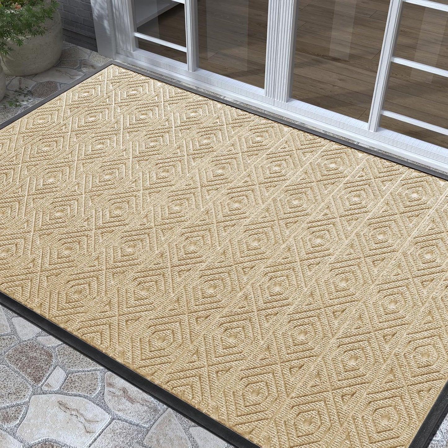 Yimobra Door Mat, Outdoor Indoor Entrance Welcome Mat, Heavy Entry Front Door Mat, Stain & Fade Resistant, Low Profile, Sturdy Rubber, Easy Clean Patio Floor Mat, Waterproof, 60 x 36,Light Beige