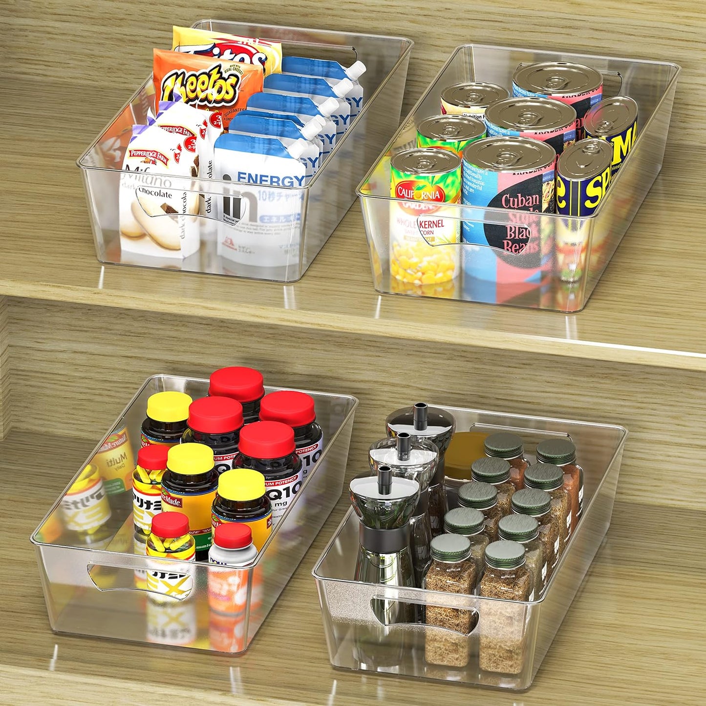 Simple Houseware 4 Pcs Kitchen Clear Bin Storage Organizer, 15" x 8" x 3.75"