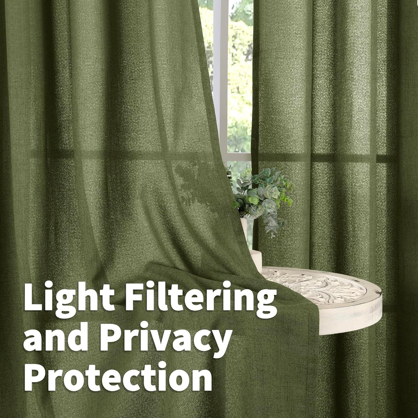 YoungsTex Olive Green Linen Curtains 63 Inch Length for Living Room, Light Filtering Textured Drapes with Rod Pocket/Back Tab Semi Sheer Window Treamtments for Bedroom, 2 Panels, 52 X 63 Inch