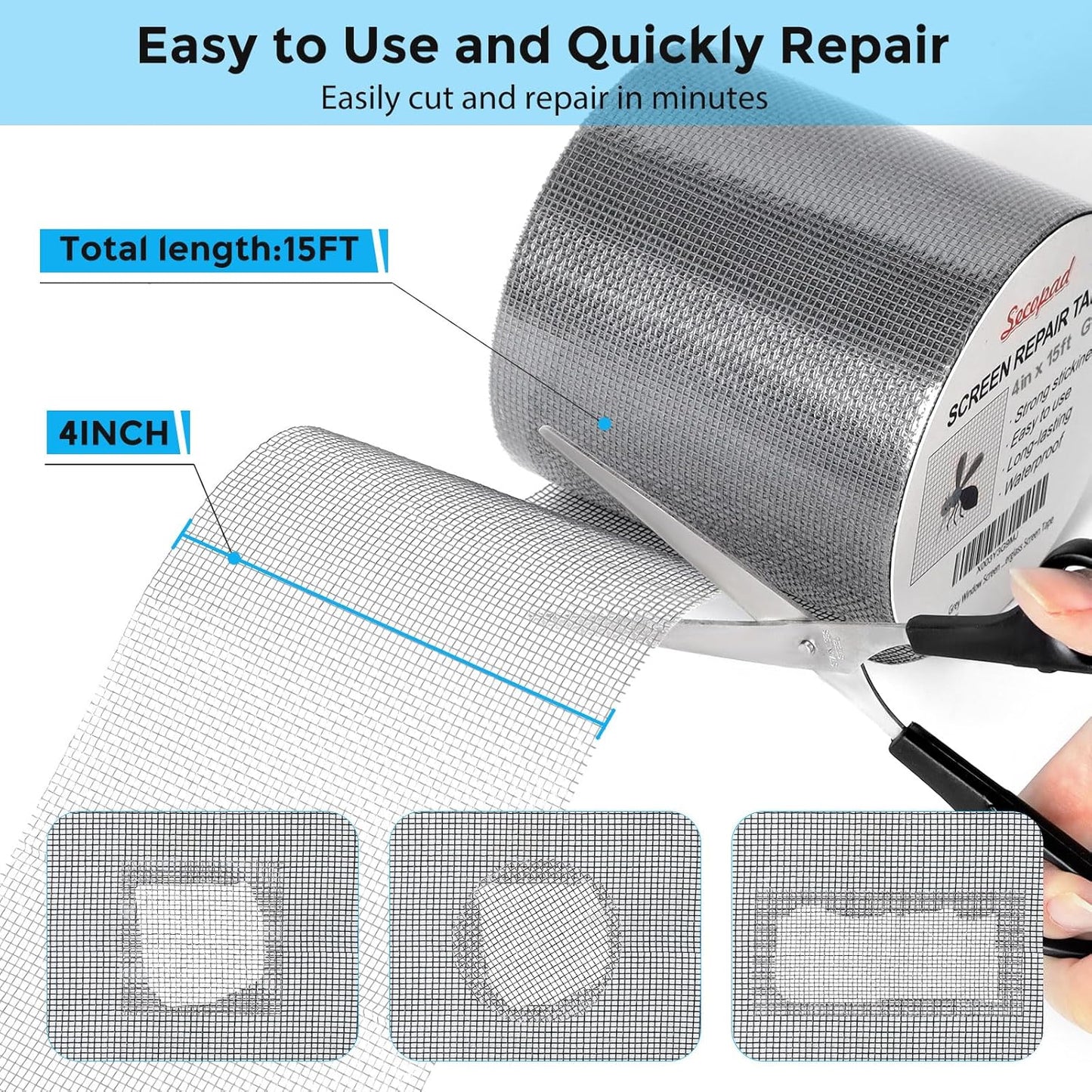 Grey Window Screen Repair Tape, 4 in X 15 FT (180IN) Screen Repair Kit for Windows or Doors, Strong Adhesive Fiberglass Mesh Patch Tape