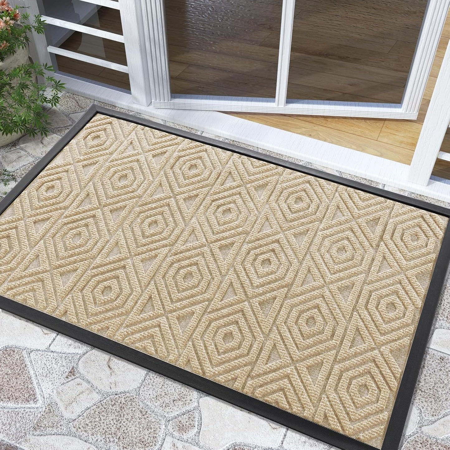 Yimobra Door Mat, Outdoor Indoor Entrance Welcome Mat, Heavy Entry Front Door Mat, Stain & Fade Resistant, Low Profile, Sturdy Rubber, Easy Clean Patio Floor Mat, Waterproof, 36 x 24, Light Beige