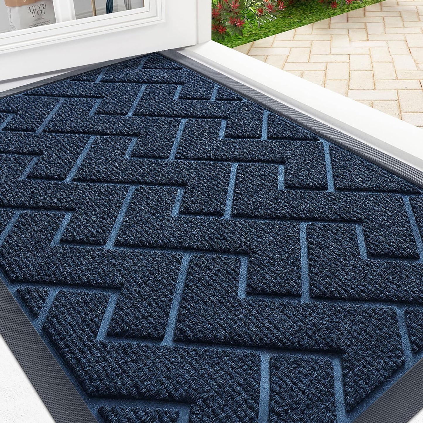 OLANLY Front Door Mat Indoor Outdoor Entrance, Waterproof All-Season, All-Weather Doormat, Sturdy Natural Rubber, Low Profile, Easy Clean Patio Porch Entryway Mat, Herringbone Brick (Blue, 59x23)