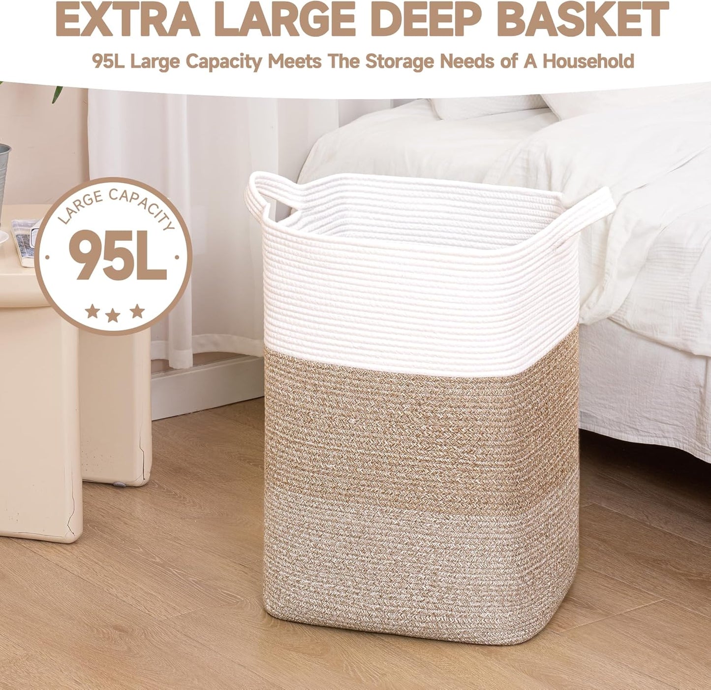 CLHMILY&Z 95L Laundry Basket Rectangular Brown Rope - 16x15x24 Inches - Dirty Clothes and Soft Storage Bin for Blankets, Toys, and Nursery Essentials