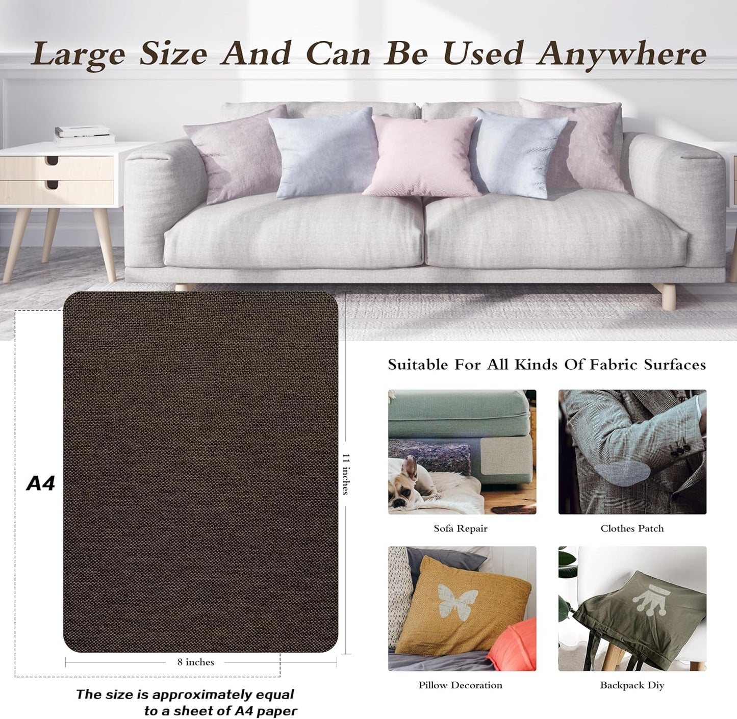 KING MOUNTAIN Coarse Linen Repair Patches, Self-Adhesive Linen Fabric Patches, 8X11 inch 2 PCS, Multi Color, Can be Used for Linen Sofa Repair and Linen Clothes Repair(8" x 11"-2PCS,Chocolate Brown)