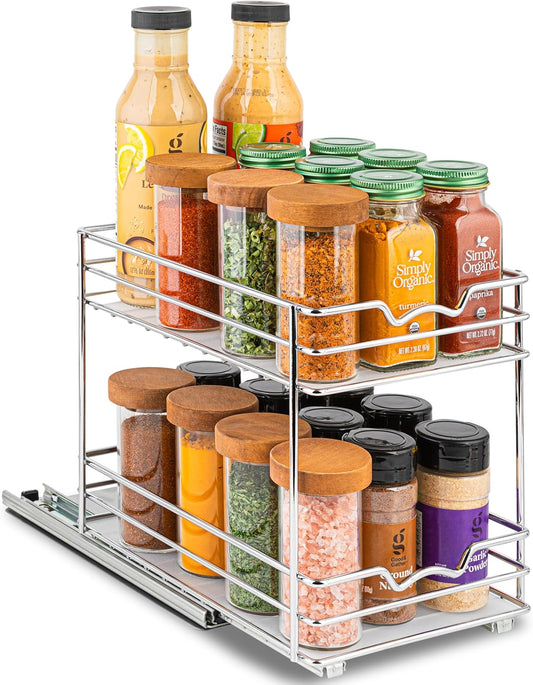 Pull Out Cabinet Organizer for Spices, Cans - Heavy Duty with Lifetime Limited Warranty- Pull Out Spice Rack- Cabinet Pull Out Shelf for Cans,Dishes, Etc, 6.-1/2"W x 10-3/8"D x 8-7/8"H, Chrome