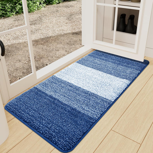 Kitinjoy Indoor Outdoor Door Mat, 47x24 Non-Slip Absorbent Dirt Trapper, Low-Profile Washable Inside Entrance Front Floor Mat, Sturdy Soft Entry Doormats for Entryway, Navy Blue
