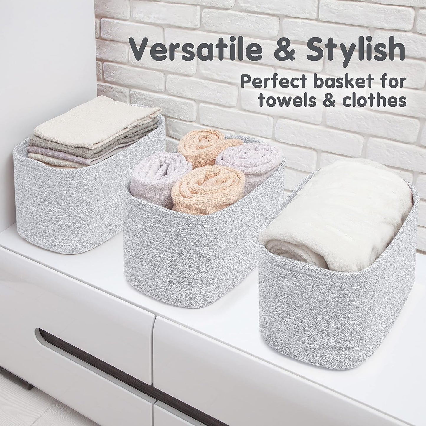 CHAT BLANC Cotton Rope Baskets for Organizing | Storage Baskets for Shelves | Rope Basket for Storage, Small Laundry Baskets, Woven Baskets for Storage, Dog Toy Bin, Baby Basket, Gray 3 Pack